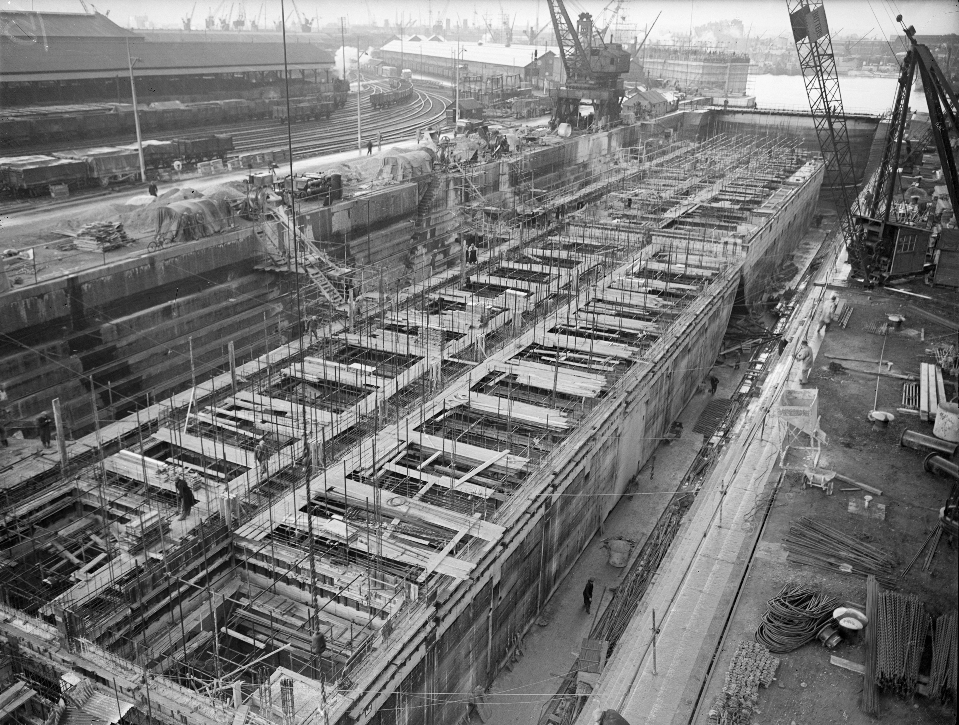 Mulberry Harbour under construction. Credit Imperial War Museum