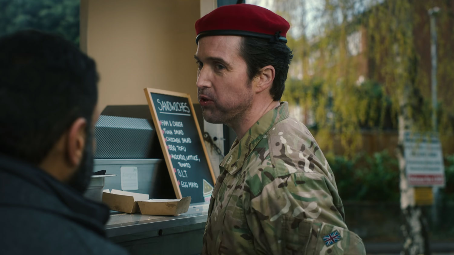 Actor Emmett J Scanlan in Fool Me Once wearing a misshapen and badly placed beret CREDIT Netflix