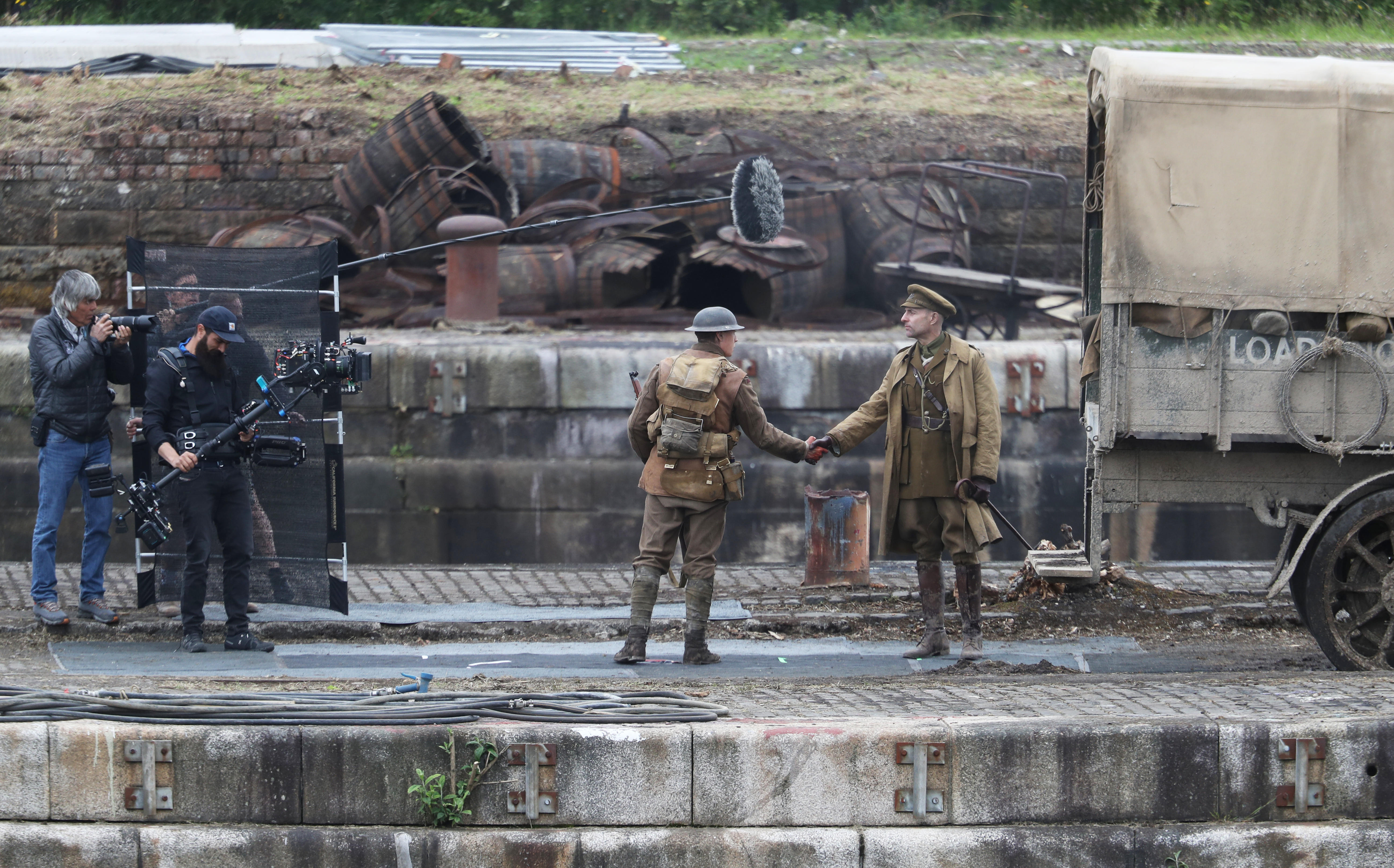 Actors Mark Strong (right) and George Mackay on the set of Sam Mendes' new film 1917 during filming Credit PA Images 120619