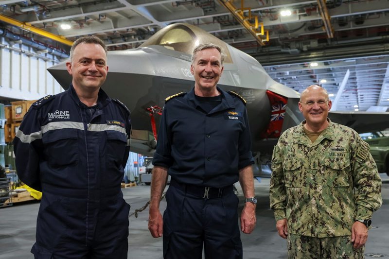 First Sea Lord Admiral Tony Radakin, centre, was joined on board HMS Queen Elizabeth by the US Navy's Admiral Michael Gilday (right) and the French Navy's Admiral Pierre Vandier (Picture: MOD).
