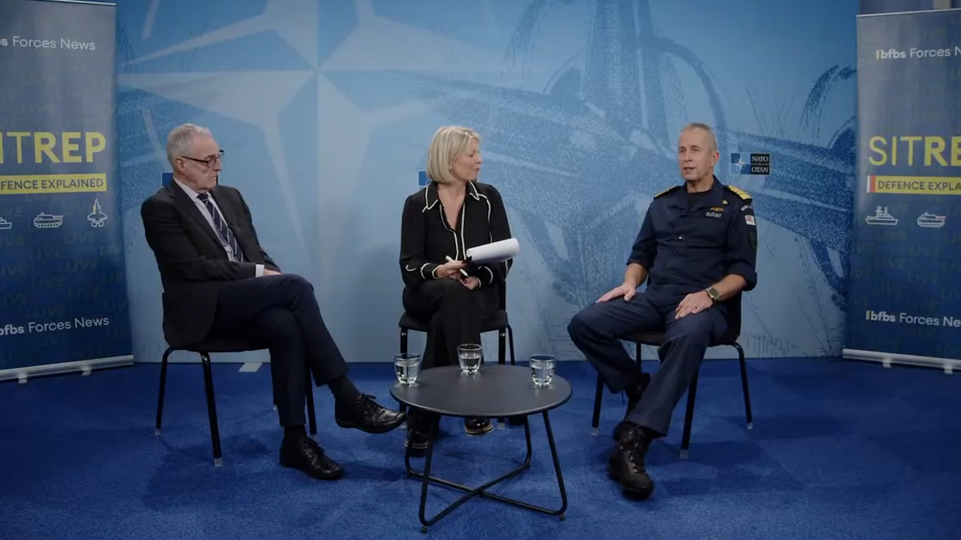 Admiral Sir Keith Blount, Professor Michael CLarke and Claire Sadler taking part in a special live episode of Sitrep 161024 CREDIT BFBS.jpg