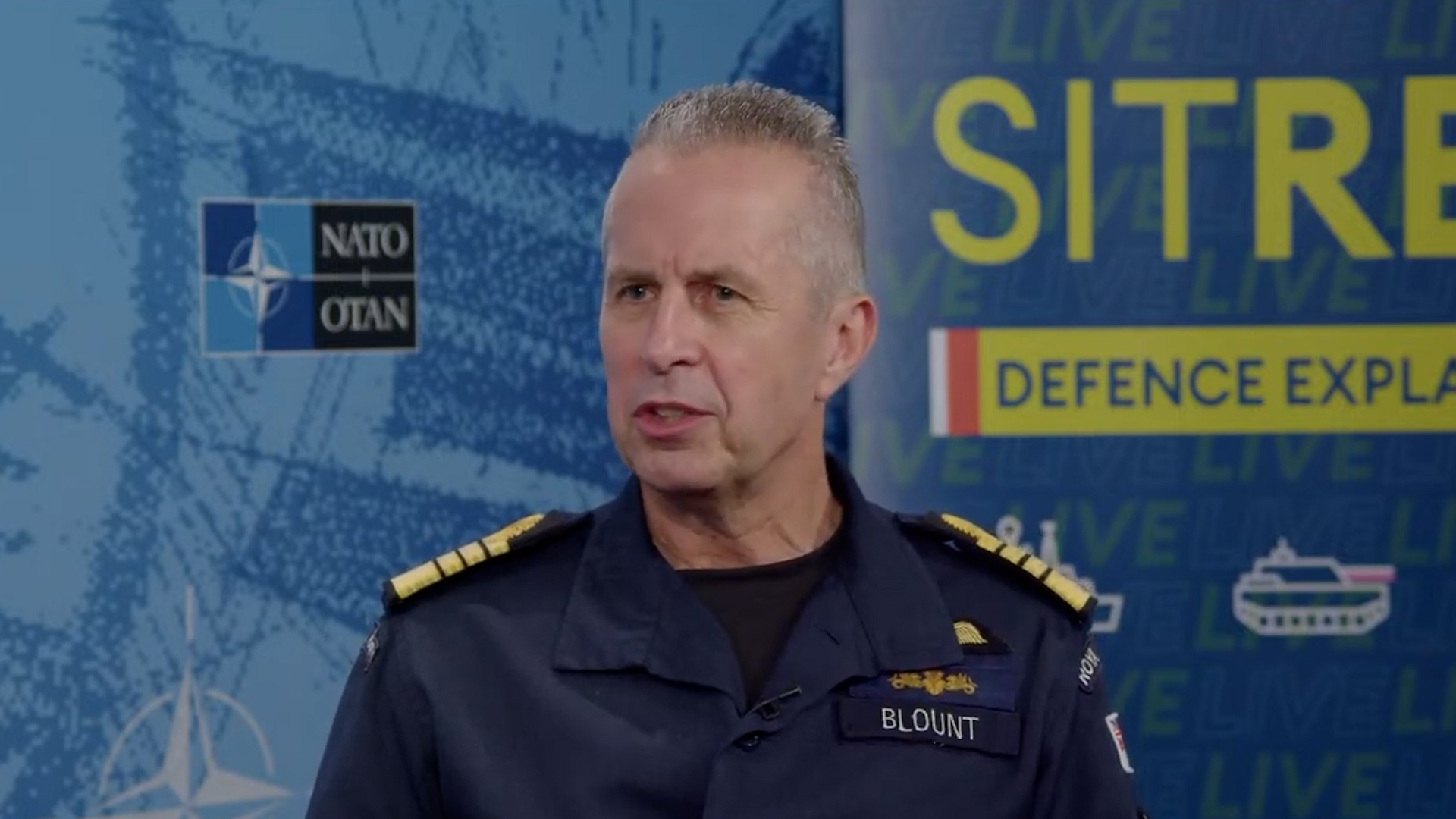 Admiral Sir Keith Blount, the Deputy Supreme Allied Commander for Nato, was speaking at SHAPE in Belgium for a special live episode of the BFBS Sitrep podcast 151024 CREDIT BFB