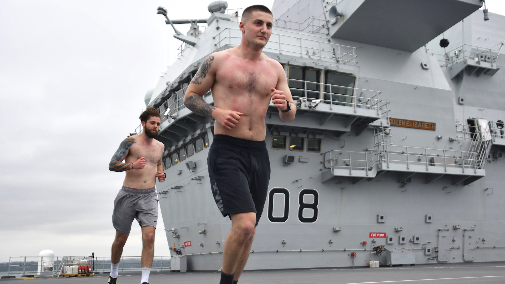 Air Engineering Technicians LAE Calum Dee and AE Giorgio Zsirai run marathon on HMS QE 280520 CREDIT Royal Navy._0.jpg 
