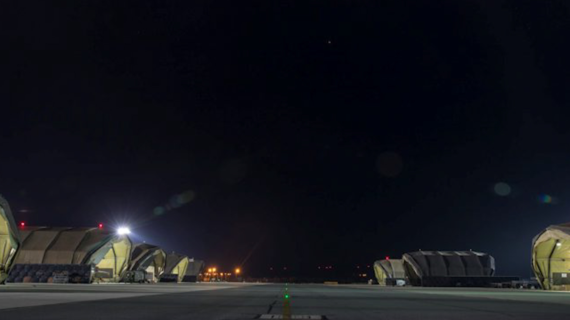 Aircraft hangars at night at RAF Akrotiri