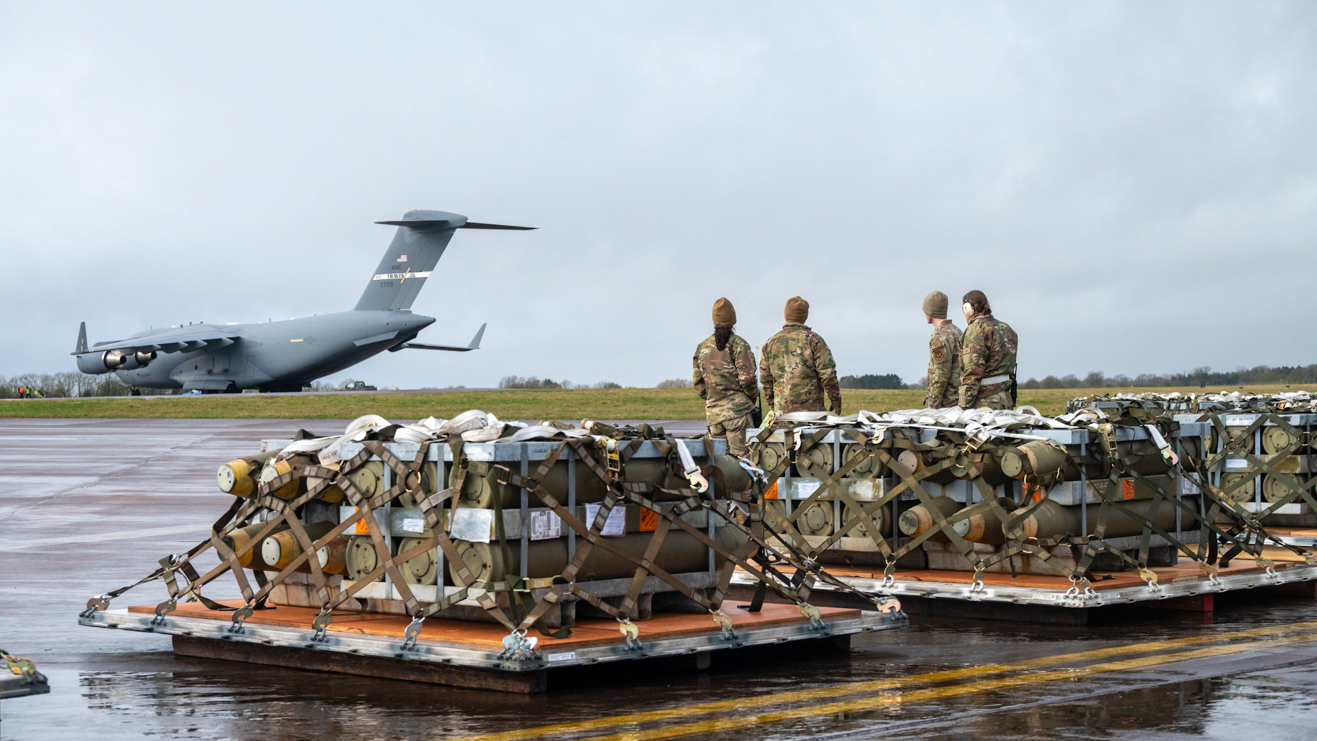 Airmen from the 420th Munitions Squadron prepare to load pallets onto a C-17 Globemaster III 09022024 CREDIT US Dept Def