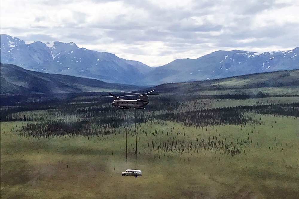 Alaska Army National Guard Soldiers a extract Into The Wild bus via a CH-47 Chinook helicopter over Healy, Alaska on 18th June 190620 CREDIT Courtesy of Alaska National Guard