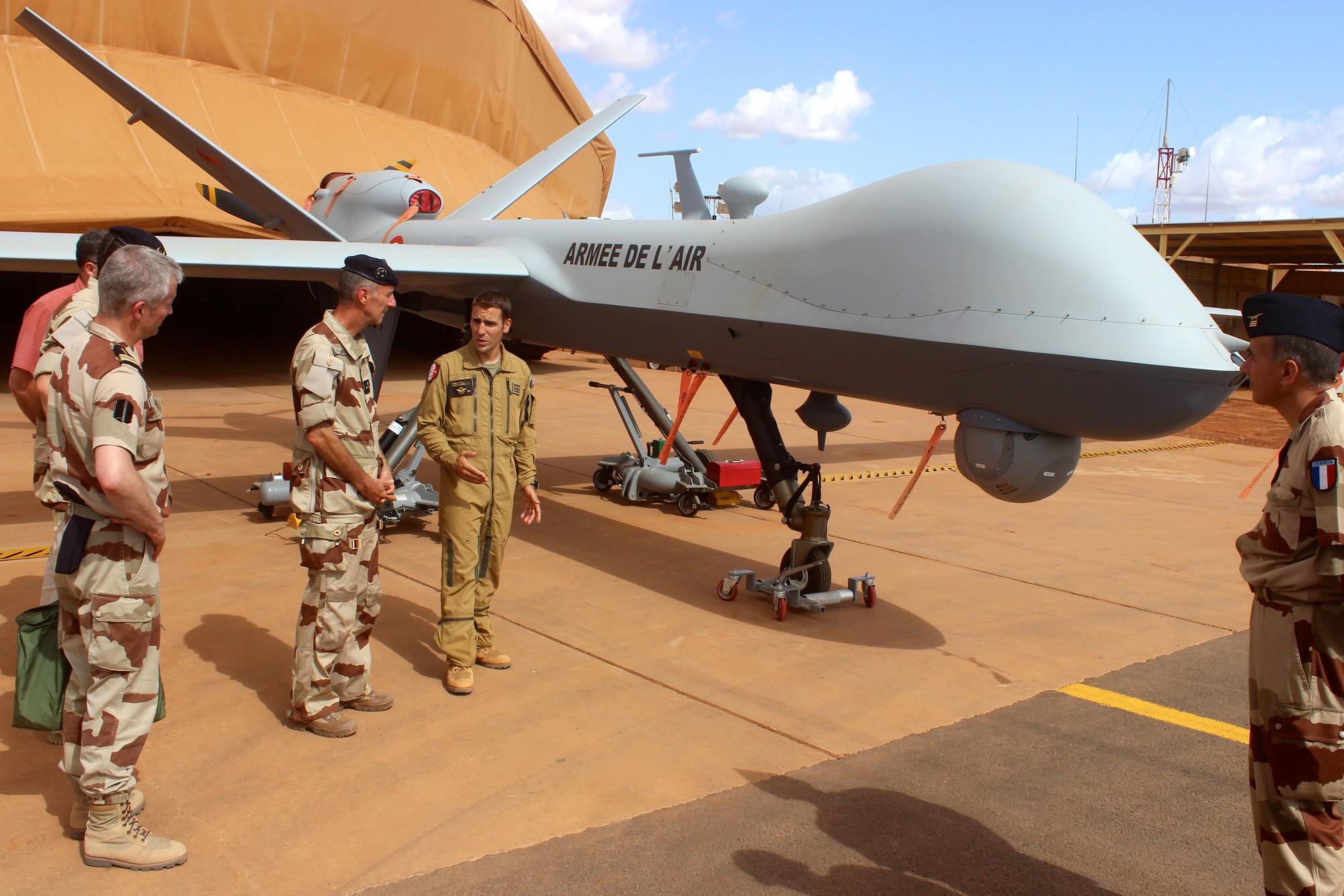 American Reaper drones have proved the ideal spotting and attack weapon in this desert war - here for inspection during Op Barkhane.