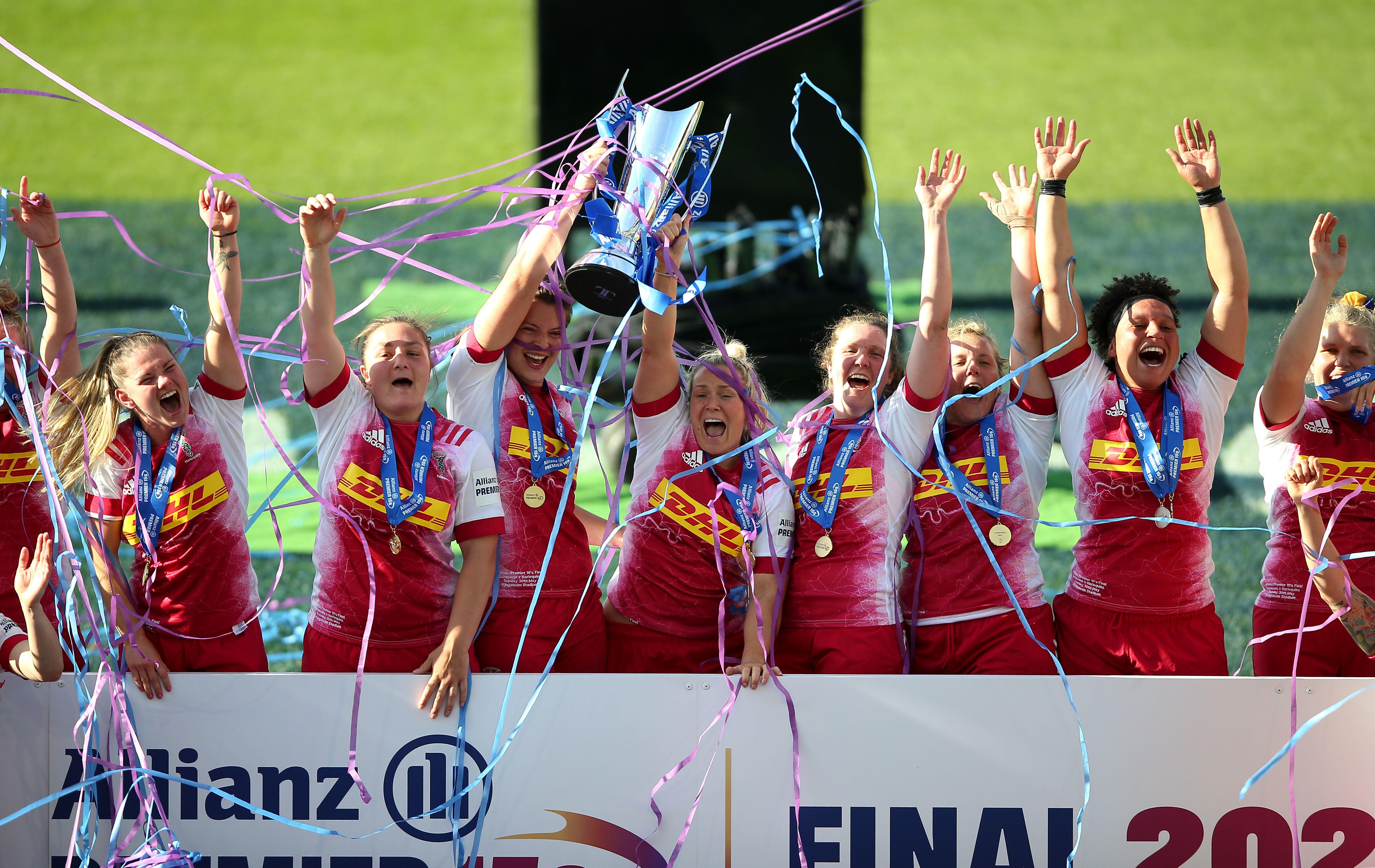 Amy Cokayne among Harlequins players celebrating with Premier 15s trophy