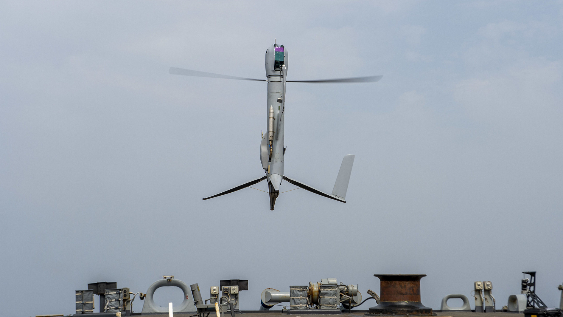 An Aerovel Flexrotor drone lifts off from USS Paul Hamilton CREDIT ROYAL NAVY