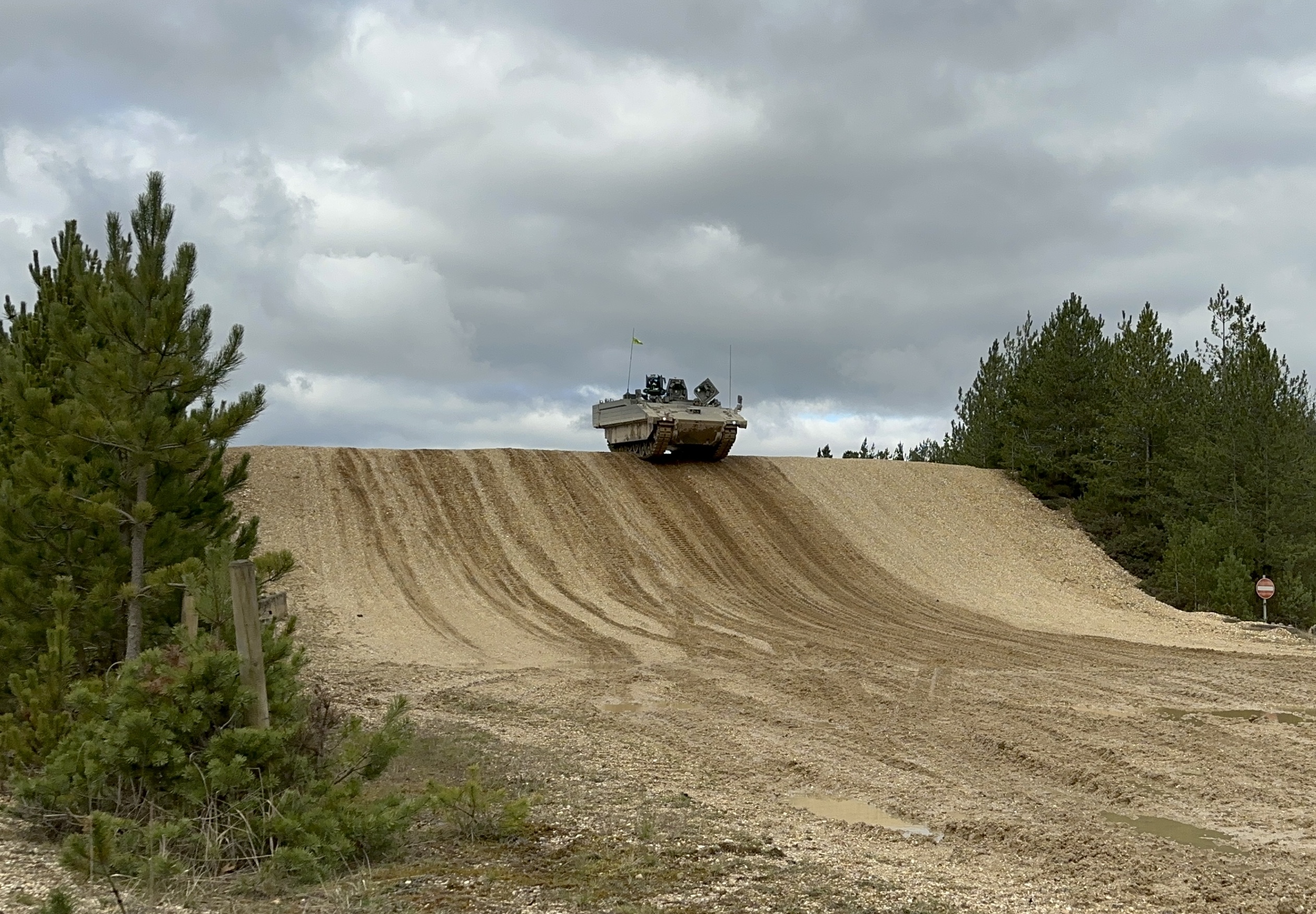 An Ajax armoured vehicle going through Growth Reliability Trials in Dorset.