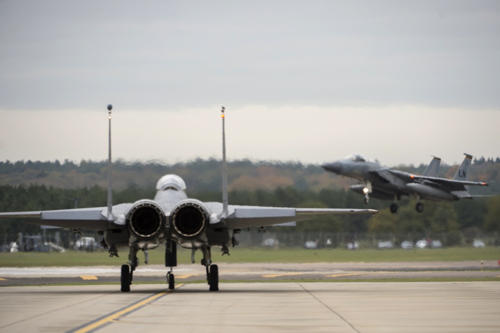 An F-15C Eagle from the 493nd Fighter Squadron, lands on the flight line at Royal Air Force Lakenheath in 2017 (Picture: US Department of Defense).