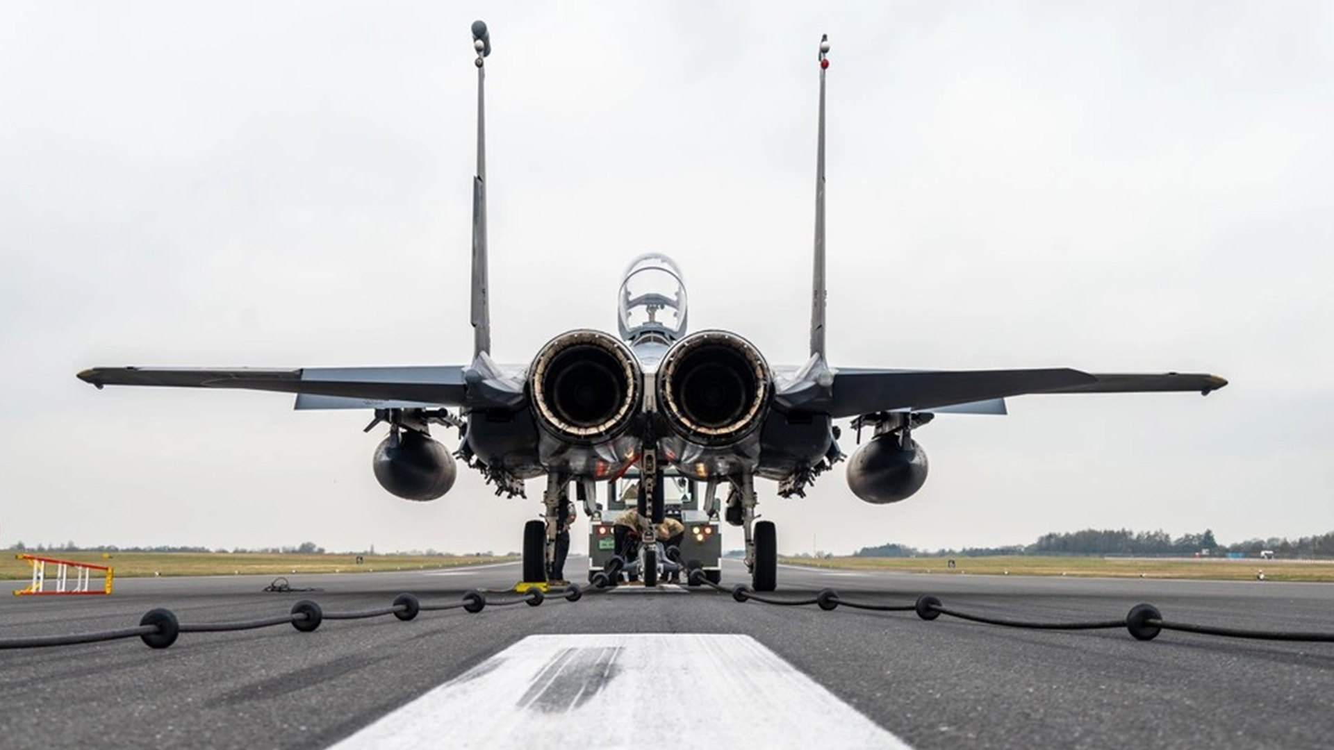 An F-15E Strike Eagle from 492nd Fighter Squadron tests a Mobile Aircraft Arresting System at RAF Fairford during the exercise