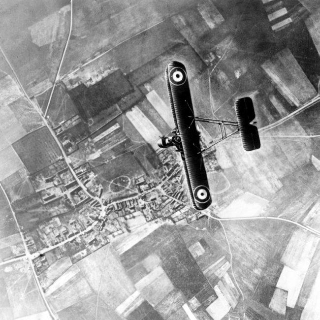 An FE.2b two-seat fighter pictured high above the trenches on the Western Front