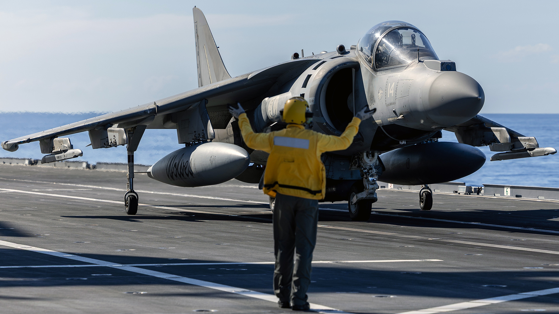 An Italian navy AV-8B Harrier II gets ready to launch from ITS Cavour during Exercise Med Strike (Picture: MOD)