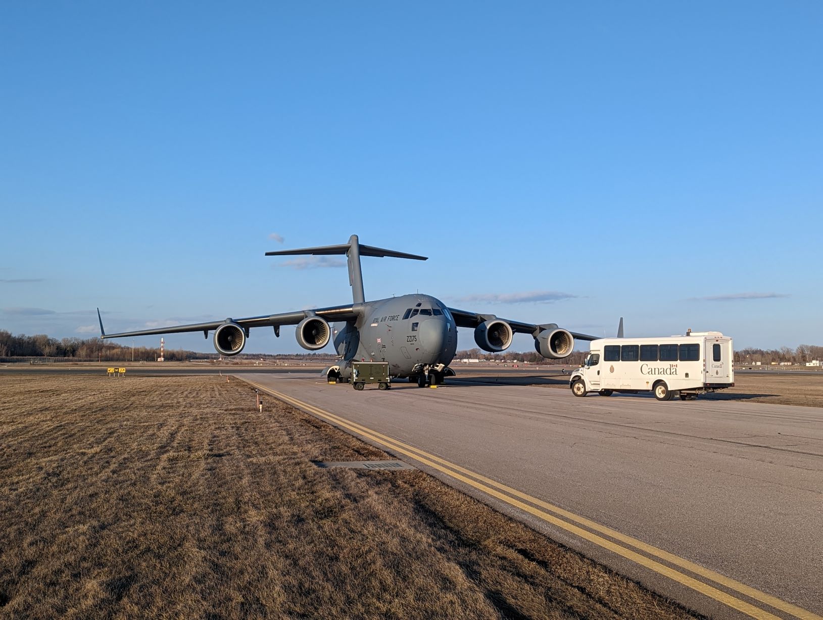 An RAF C-17 aircraft delivering supplies to Europe for Ukraine on behalf of the Canadian Government on the tarmac in Canada (Picture: RAF).