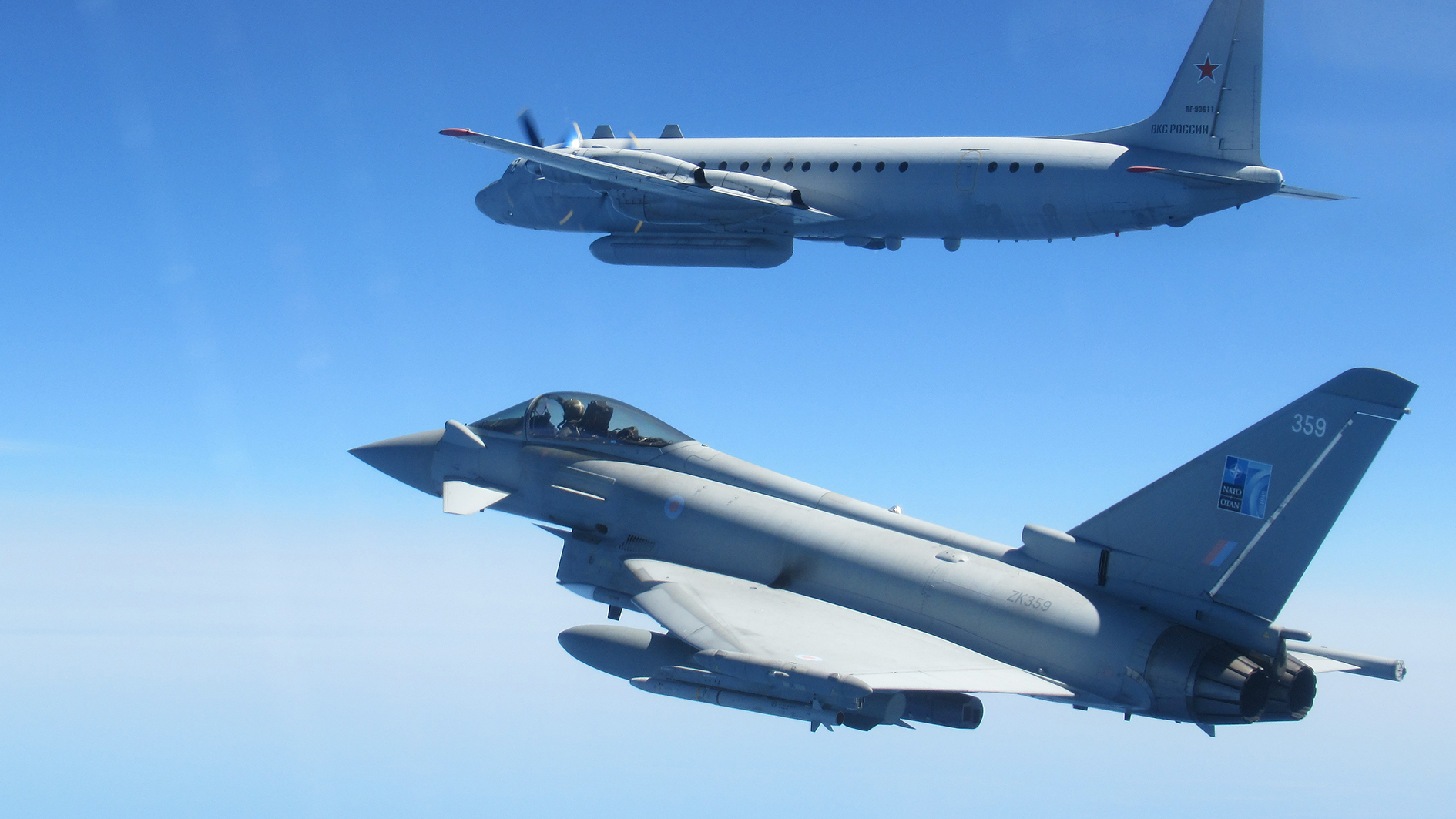 An RAF Typhoon intercepts a Russian IL-20 COOT A aircraft (Picture: RAF).