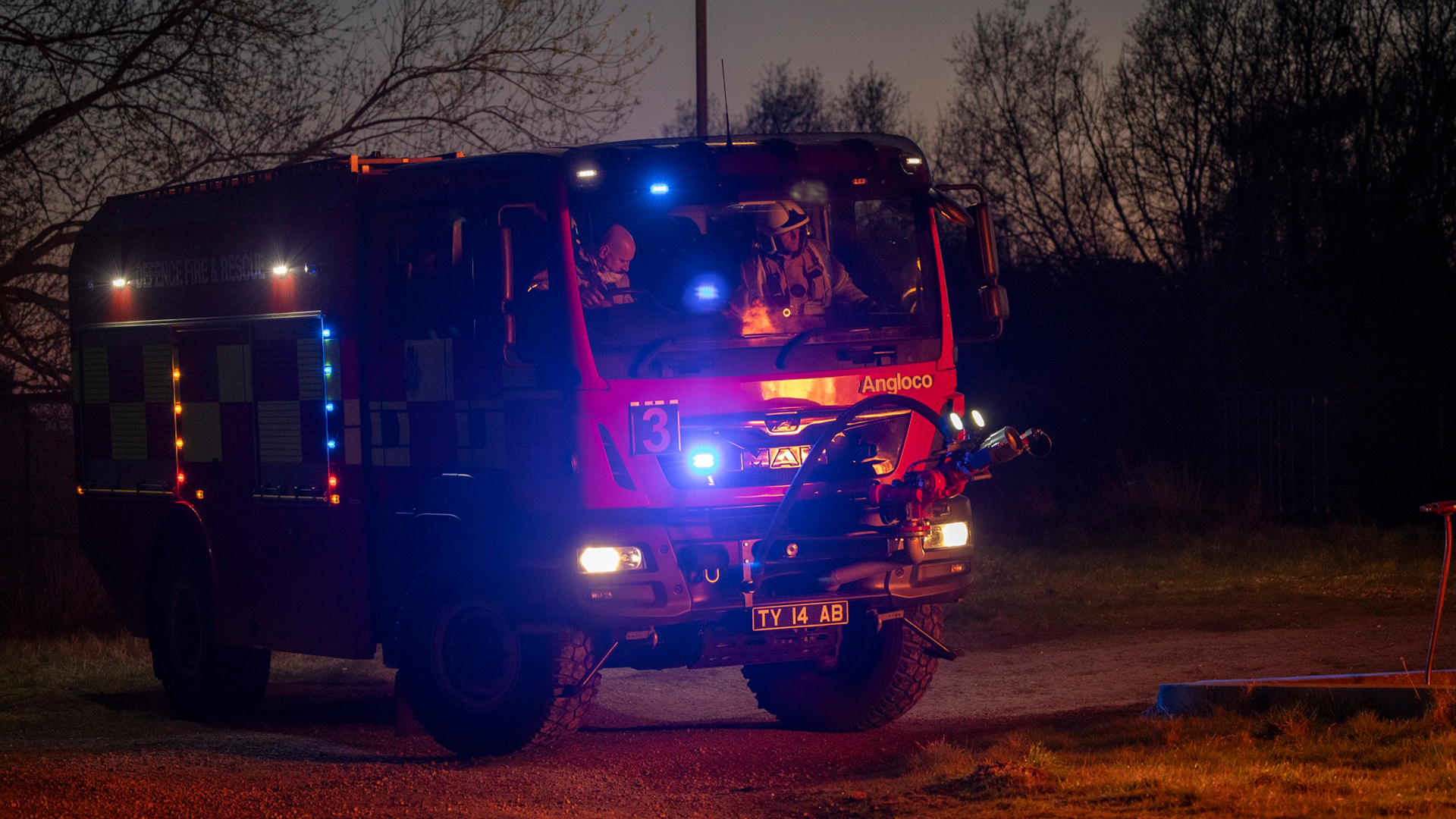An RAF firefighting vehicle arrives at the training area CREDIT RAF