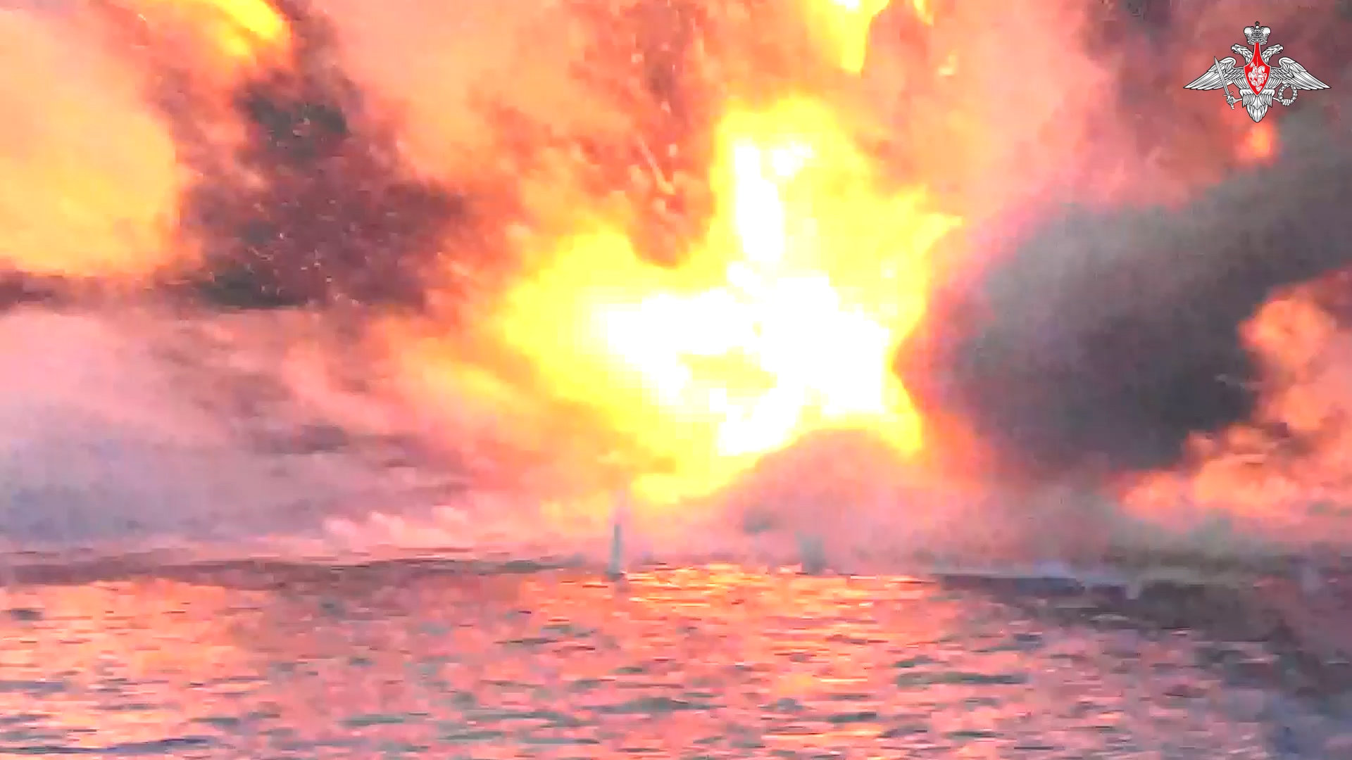 An unmanned speedboat, which was pictured speeding towards Russia's Ivan Khurs, was destroyed by the Russian warship