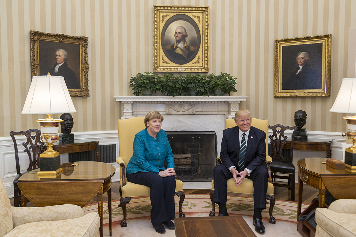 President Donald Trump meets with German Chancellor Angela Merkel in the Oval Office, Friday, March 17, 2017. 