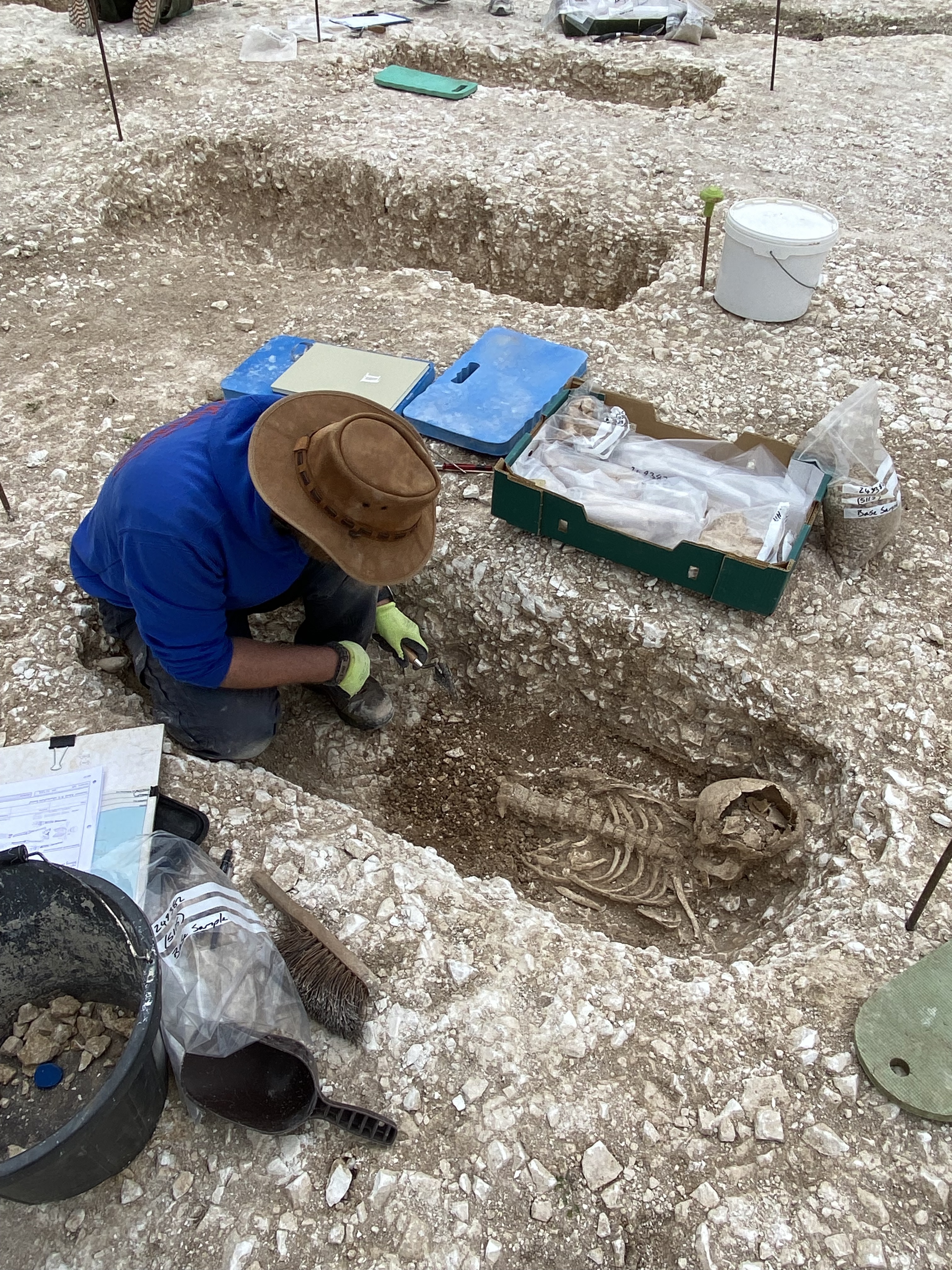 Anglo Saxon skeleton being excavated at Salisbury Plain by a military veteran