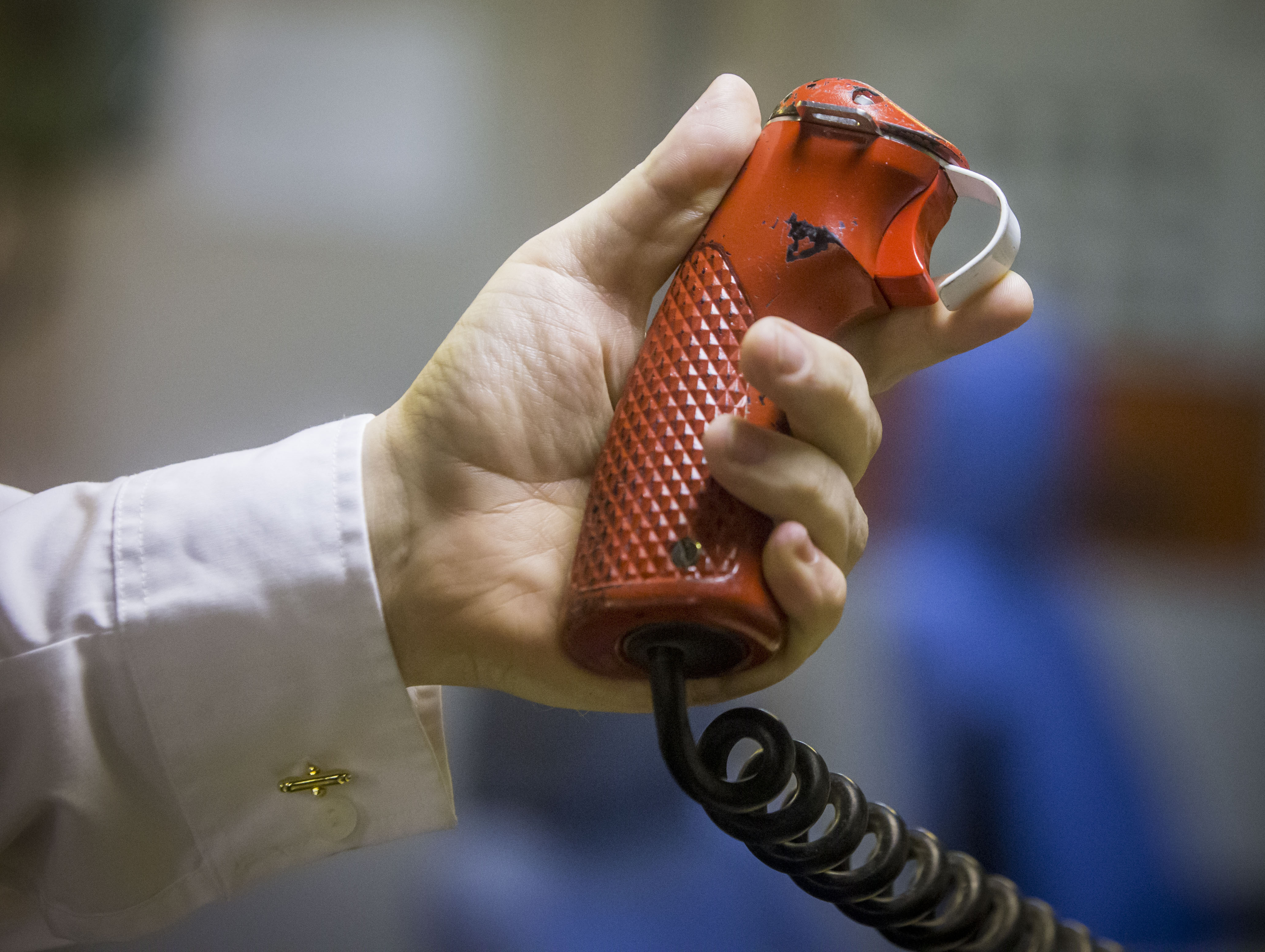 The Weapons Engineer Officer's tactical trigger that would be used int he final stages of a nuclear missile launch on board a Vanguard class submarine. Credit: PA