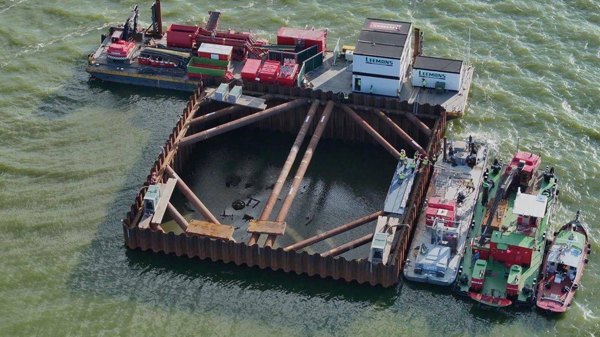 Areal shot of Cofferdam constructed over Lancaster bomber CREDIT RAF