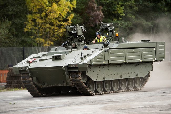 Ares variant of the Ajax armoured vehicle during a demonstration