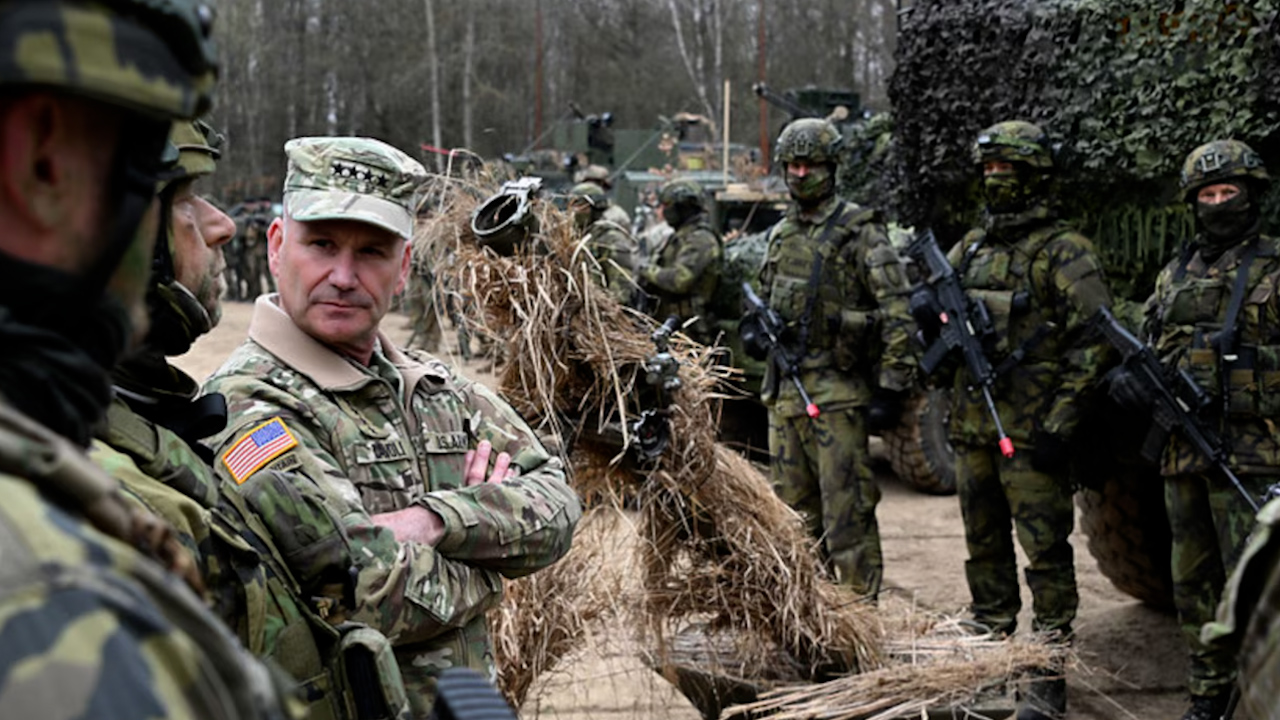 Army Gen. Christopher Cavoli, commander of U.S. European Command and supreme allied commander Europe, speaks with allied service members at Military Training Area Lest CREDIT US Embassy Bratislava