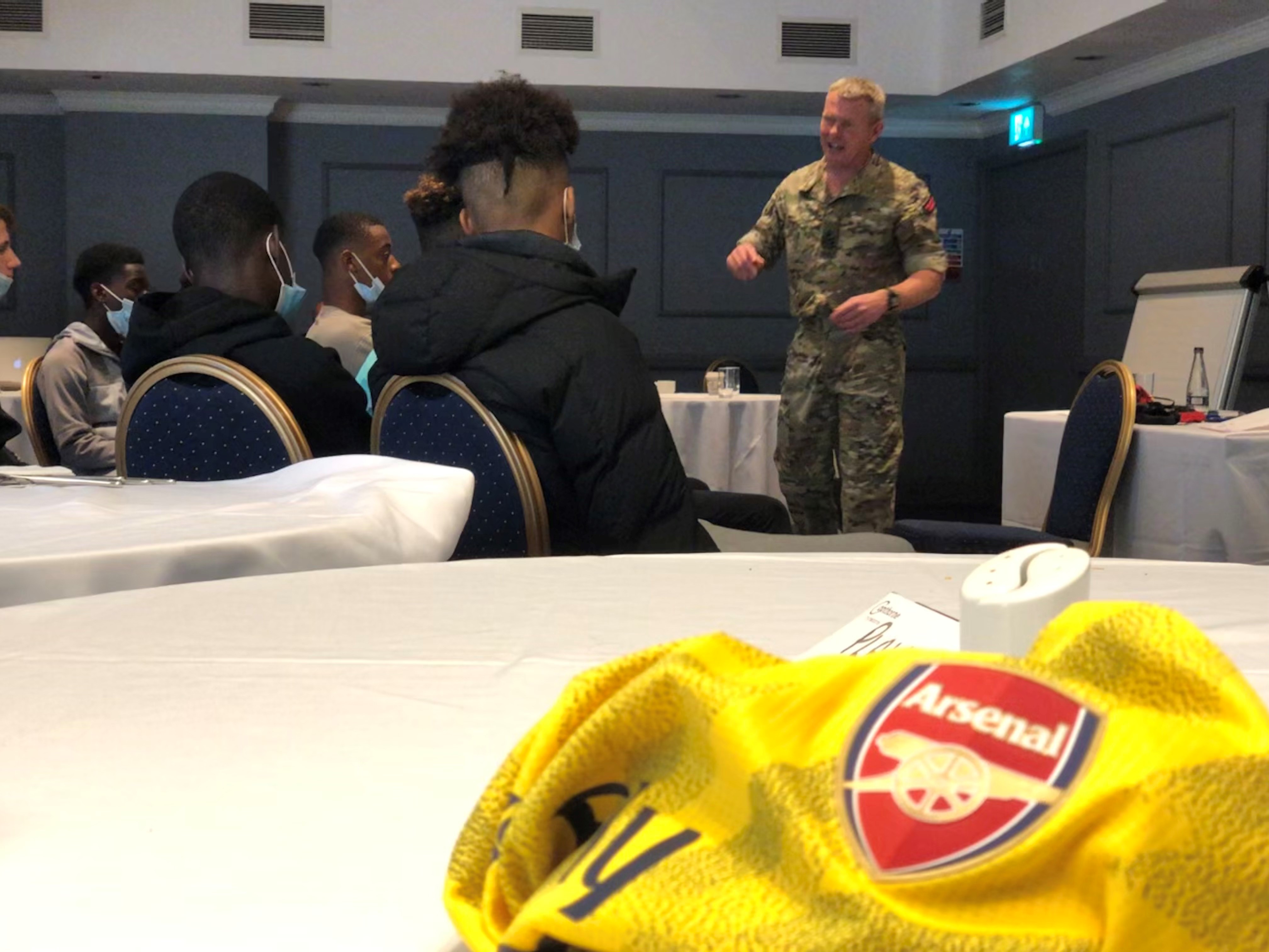 Arsenal players taking part in resillience and leadership training with the Royal Navy and Royal Marines in Plymouth