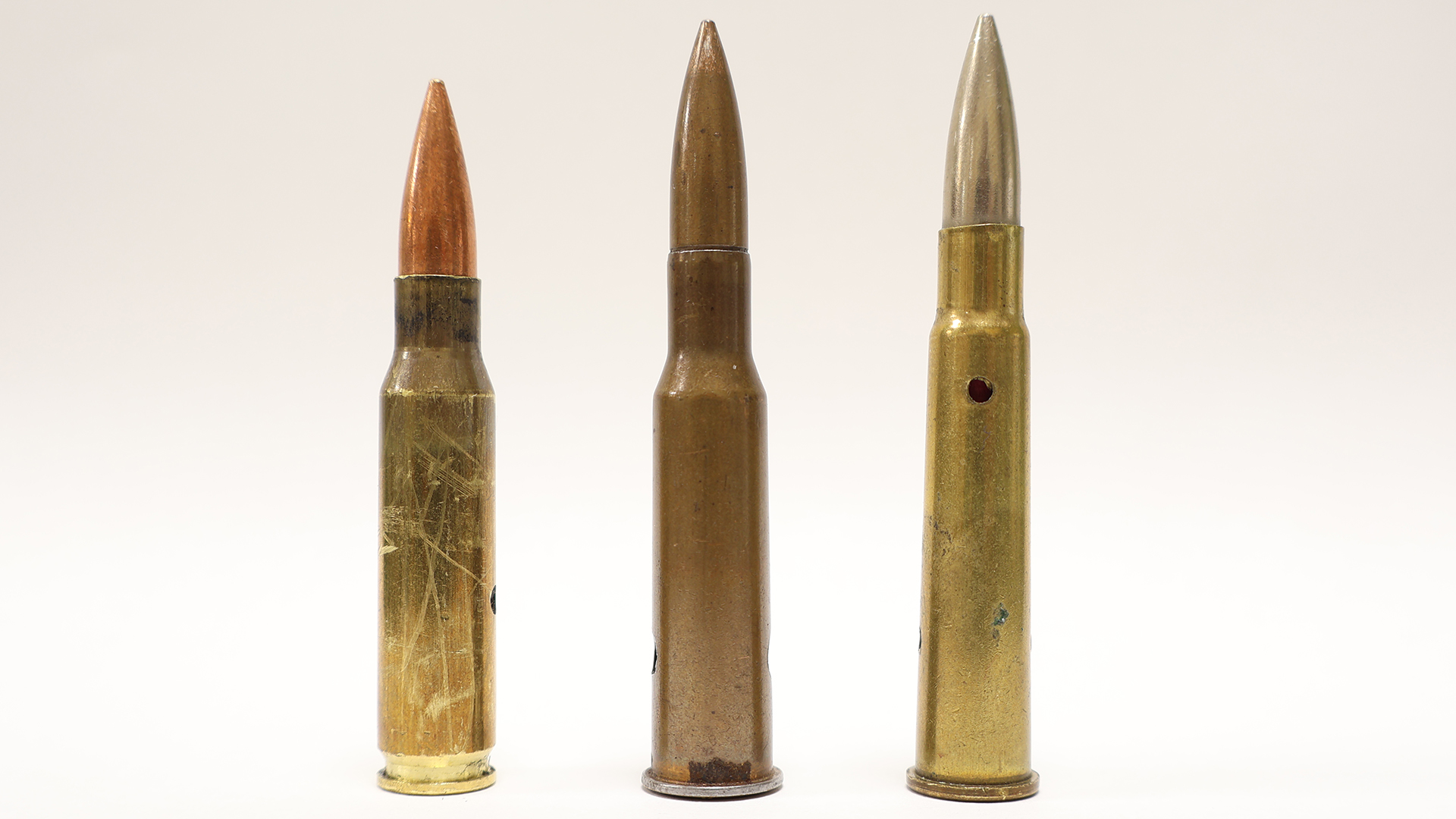The 7.62x51mm Nato cartridge (left) is a rimless cartridge, while the 7.62x54mmR (centre) and .303 (right) are rimmed examples (Picture: Royal Armouries)