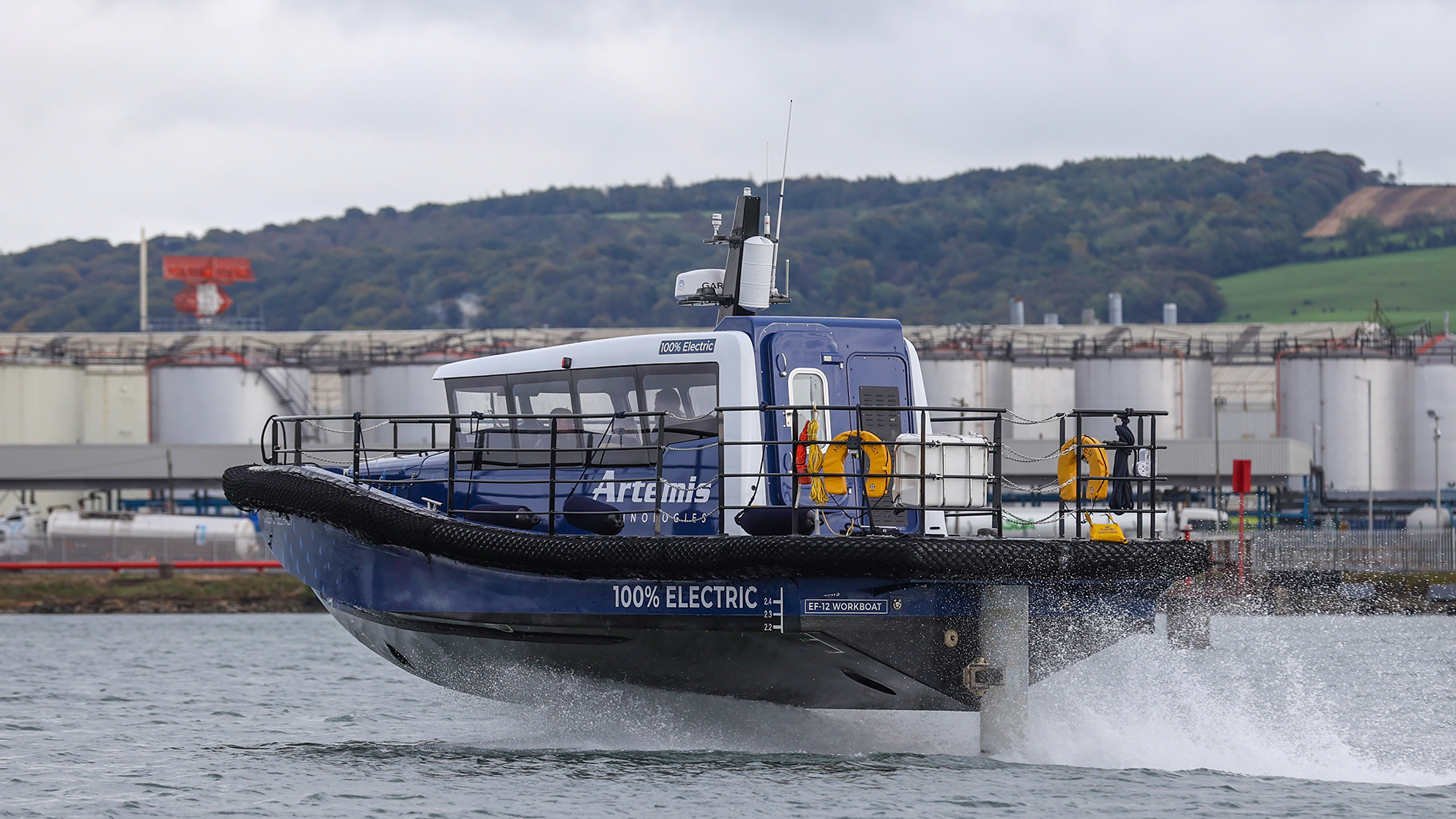 The Artemis Technologies electric foiling demonstrator workboat in action 