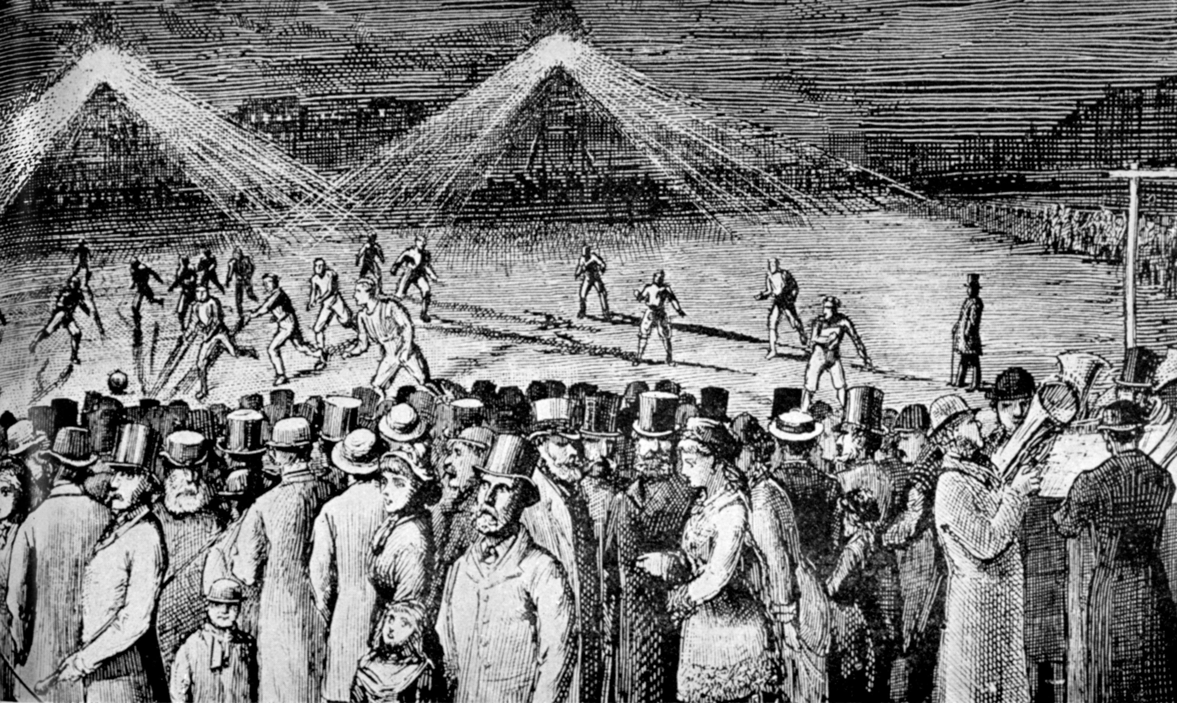 Artist impression of floodlight football match at Kennington Oval 1878