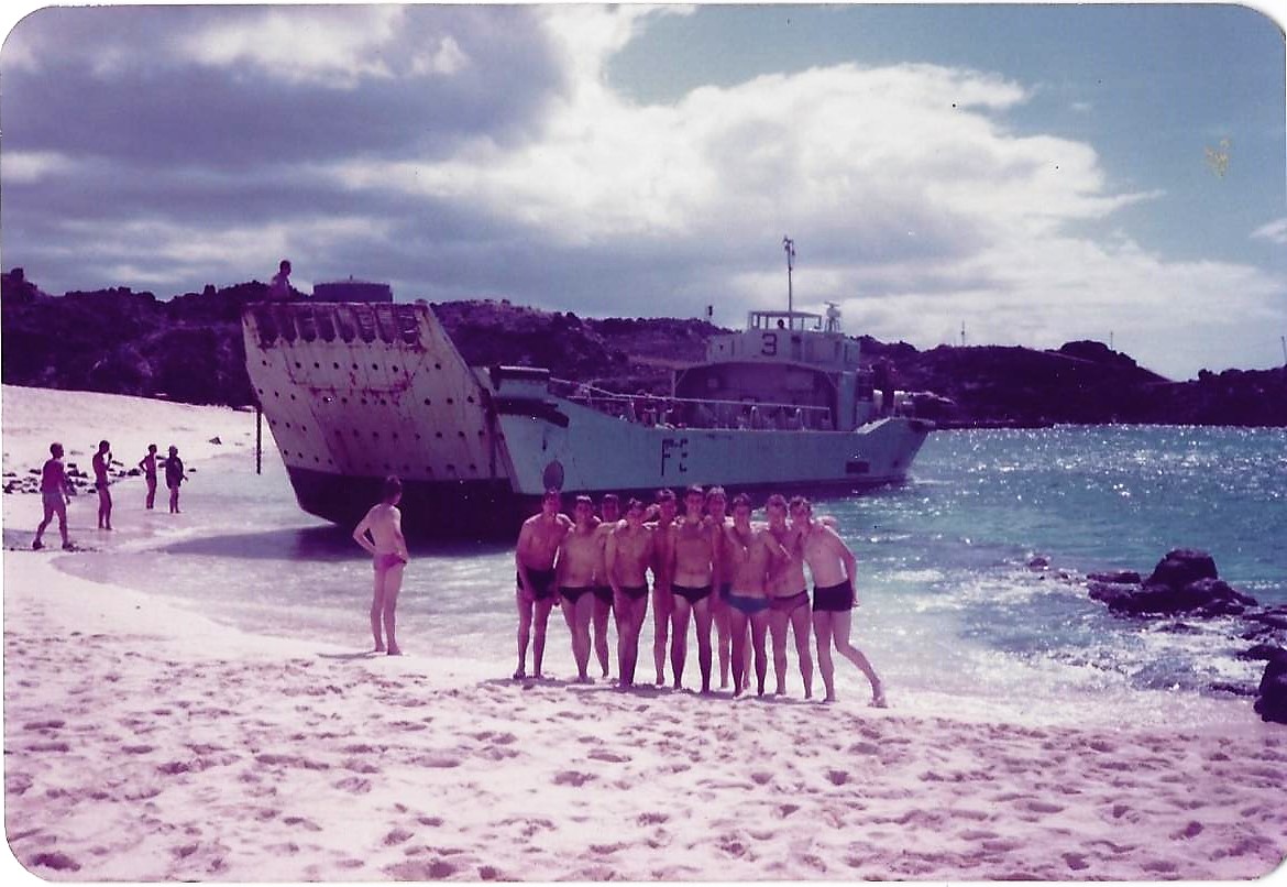 Kevin and pals at Ascension beachhead with Royal Navy landing craft behind. Credit: Kevin Lambert.