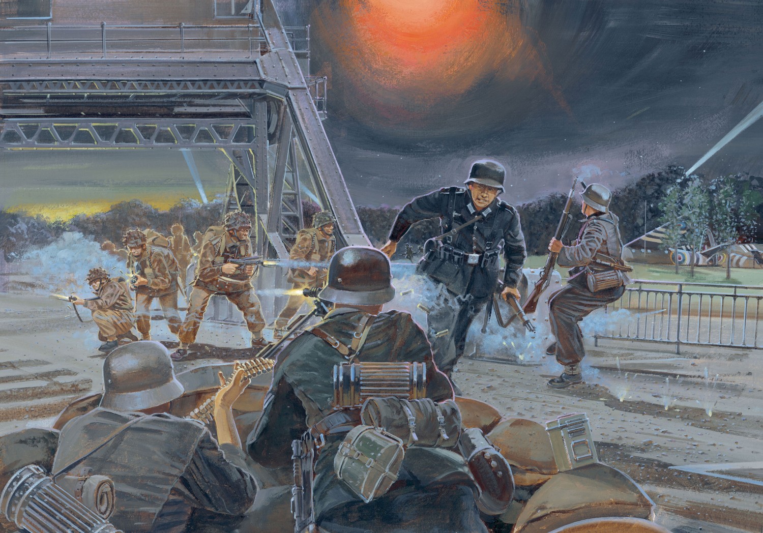 Illustration of the assault on Pegasus Bridge by 2 Oxford and Bucks Light Infantry on D-Day