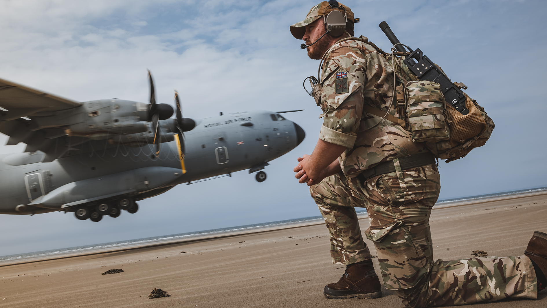 Atlas A400M beach landing training at Pembrey Sands in West Wales 140623 CREDIT RAF