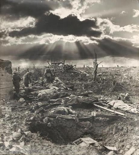 Australian wounded soldiers around a German blockhouse (image: Frank Hurley and State Library of New South Wales)