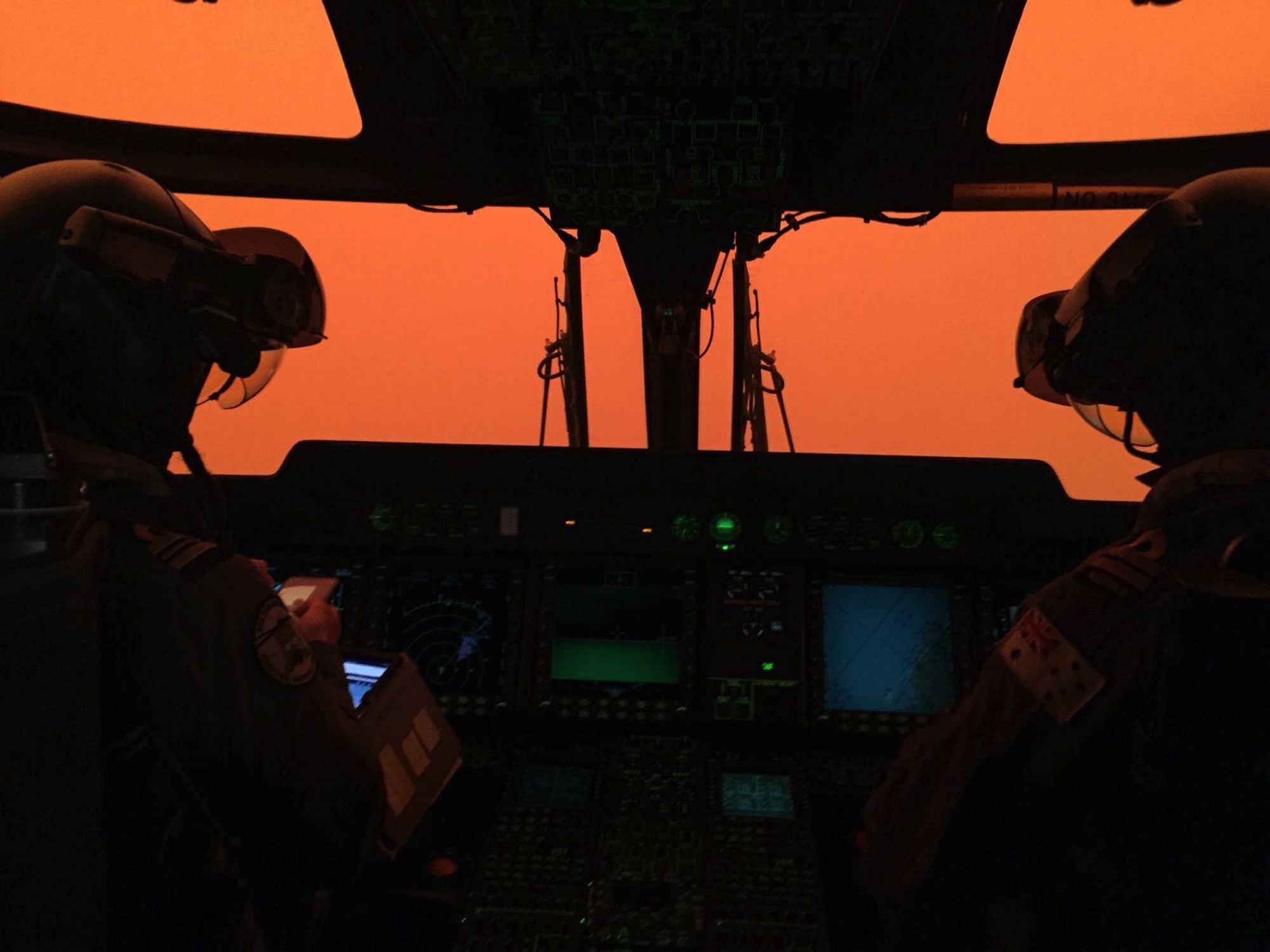 Australian bush fires seen from the cockpit of Lt Cdr Grimmer's helicopter (Picture: Royal Navy).