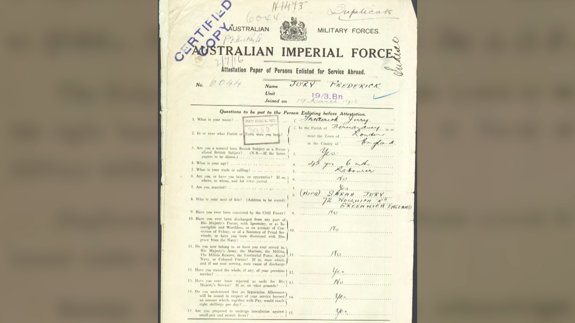 Australian soldier's AIF papers 070119 CREDIT BFBS.jpg