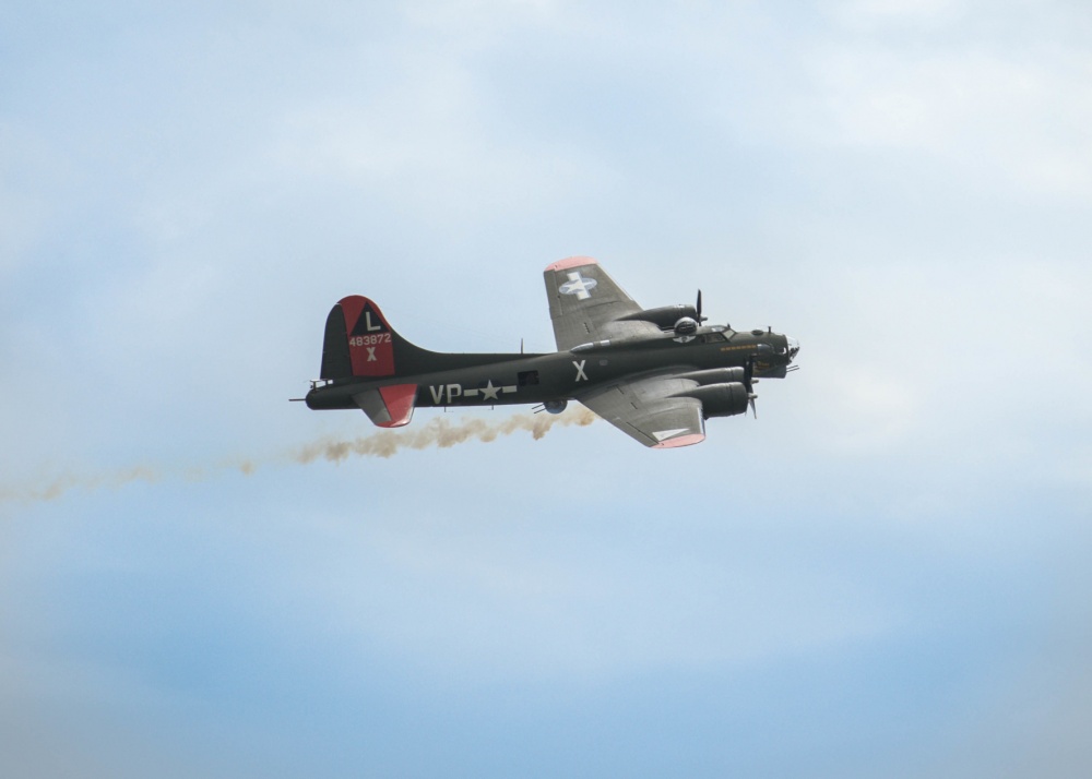B-17 Flying Fortress simulates battle damage during the Wings Over Whiteman air show 031019 CREDIT US Dept Defense.jpg