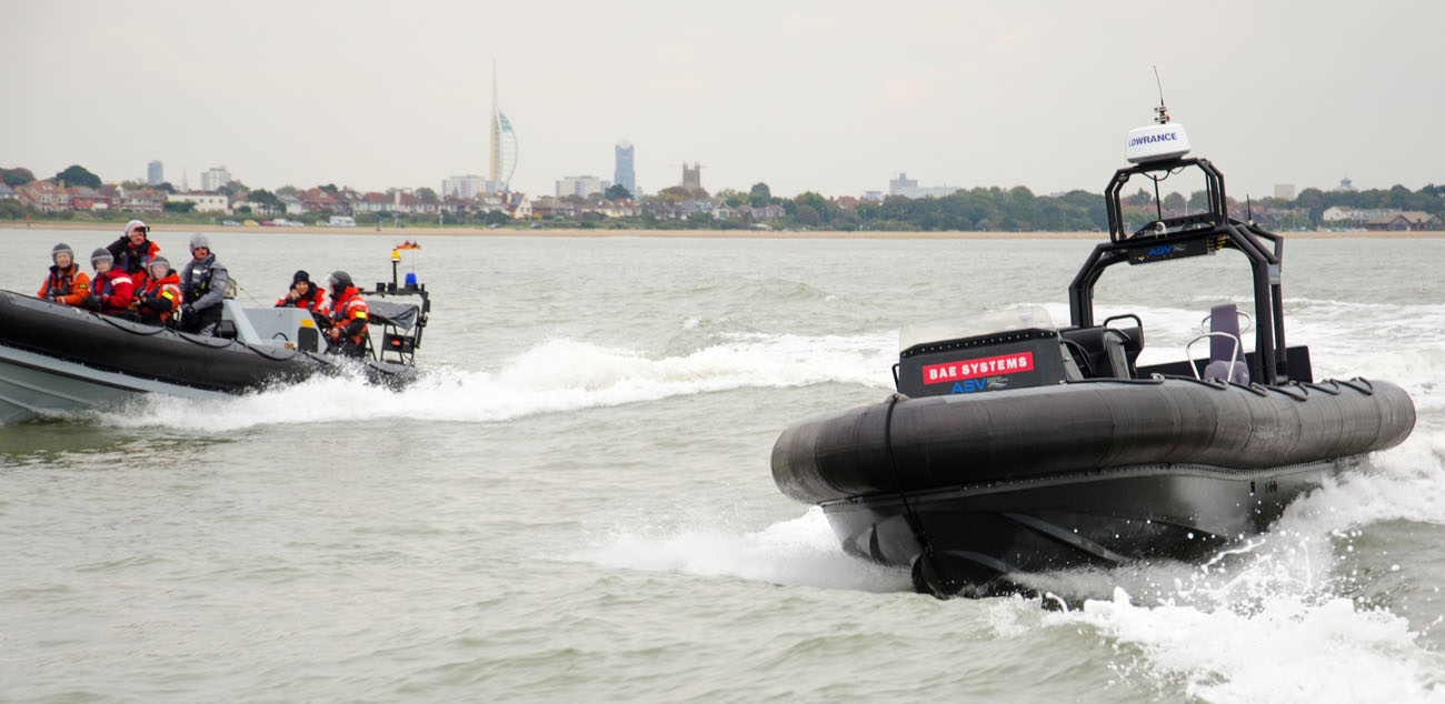 An unmanned surface vessel prototype designed by BAE during a Royal Navy-led exercise in 2016. Credit: MOD