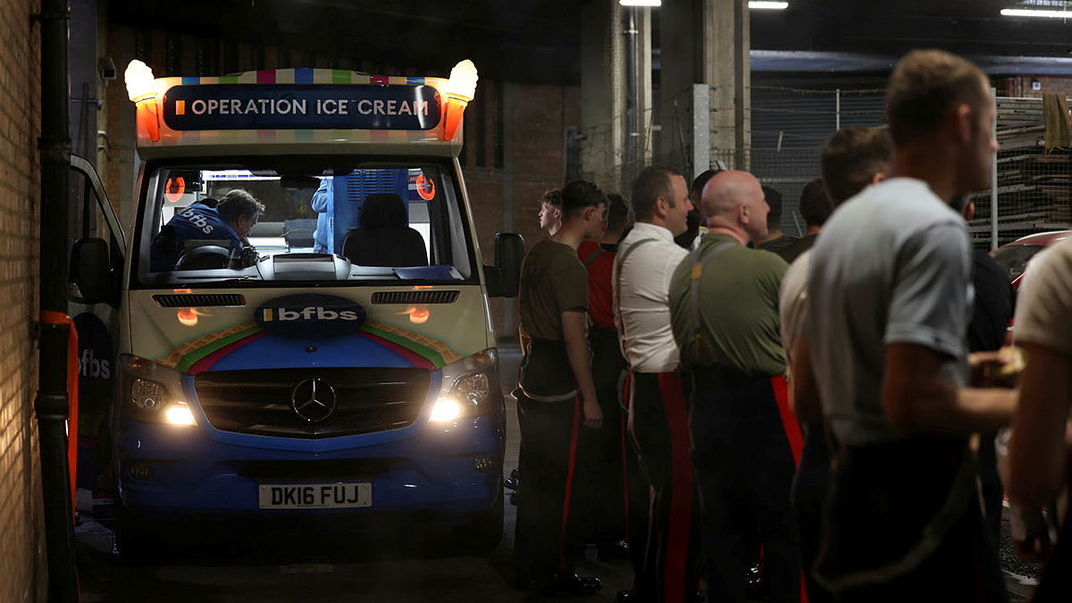 BFBS' Operation Ice Cream truck seen with troops at Wellington Barracks in London before the King's coronation, May 2023 CREDIT Crown Copyright