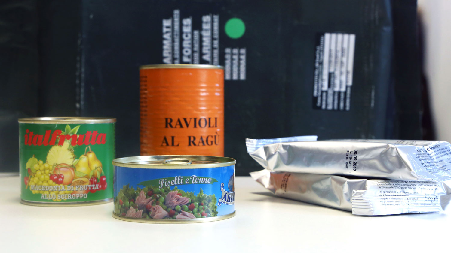 Food cans Fruit Salad Tuna Ravioli Al Ragu from an Army ration pack in Italy