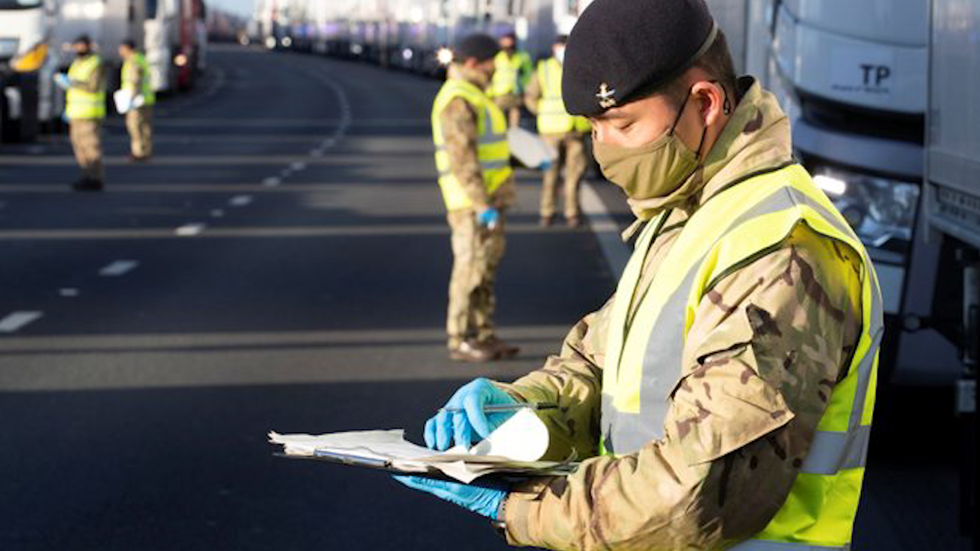 A soldier assisting with testing duties for lorry drivers on the M20 in Kent (Picture: MOD).