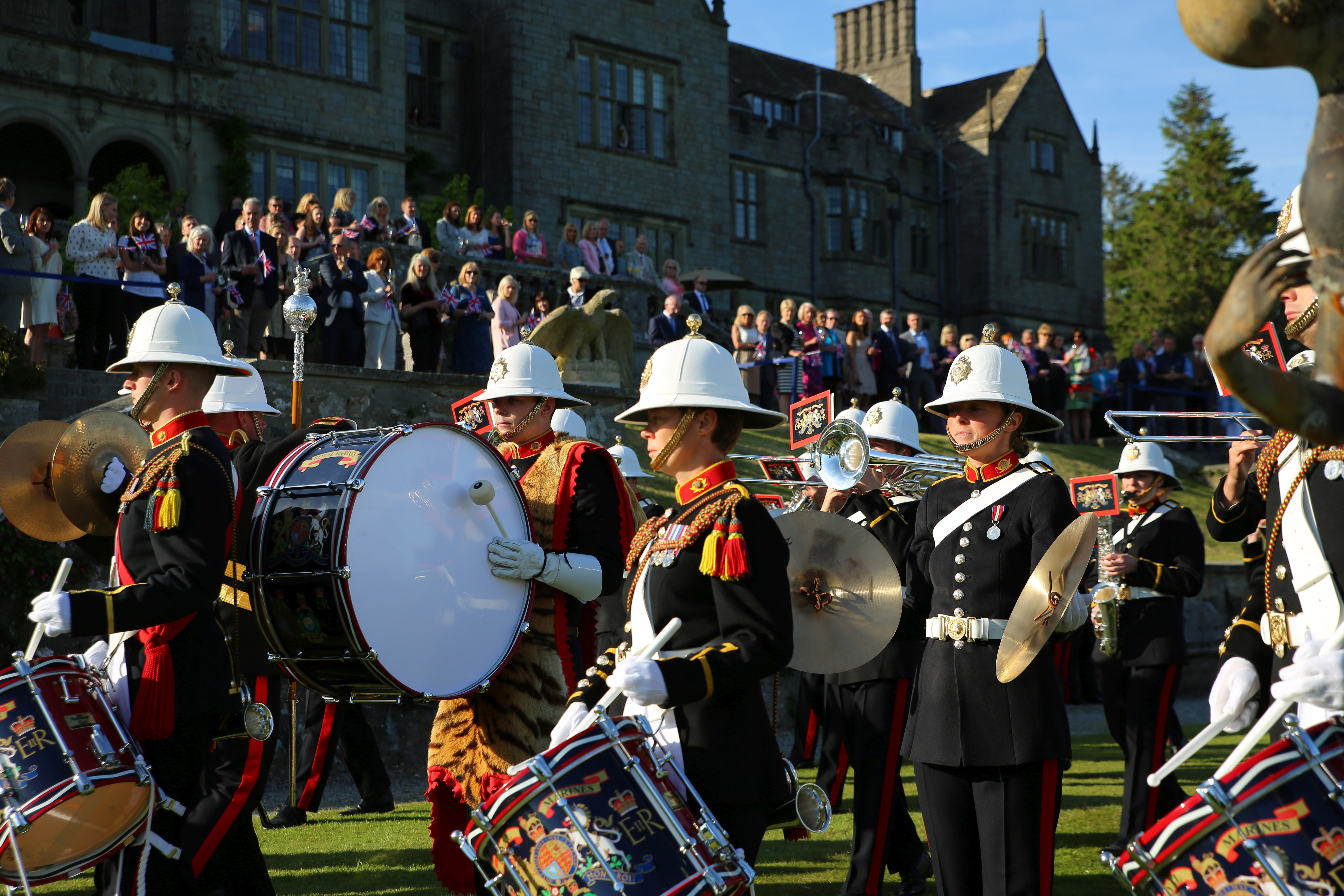 Bass Drummers of the Band Service of Her Majesty’s Royal Marines wearing tiger skins