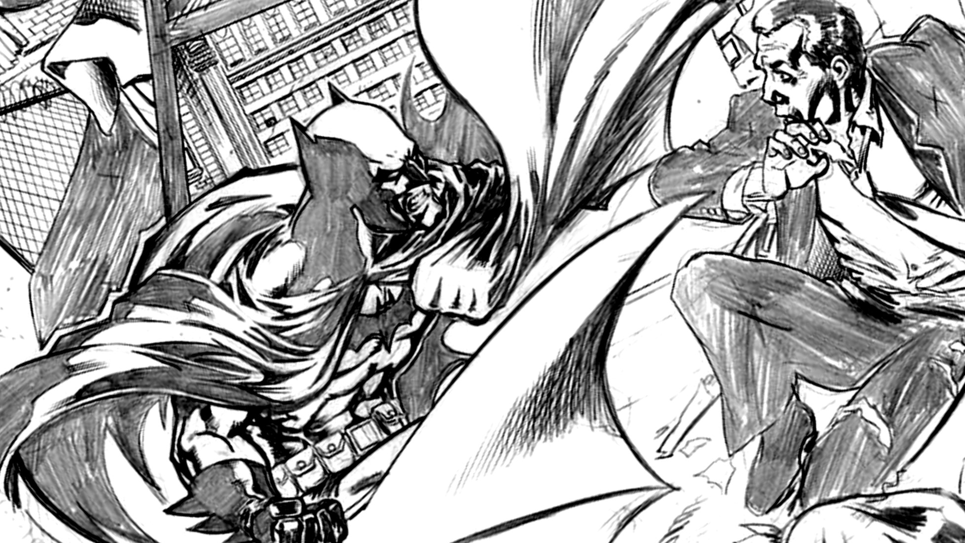 black and whit image of Batman by Mike Collins Copyright DC ENTERTAINMENT