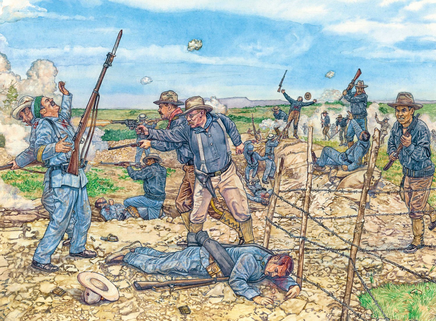 Roosevelt and the Rough Riders at the top of Kettle Hill (image from 'Roosevelt's Rough Riders' by Alejandro de Quesada