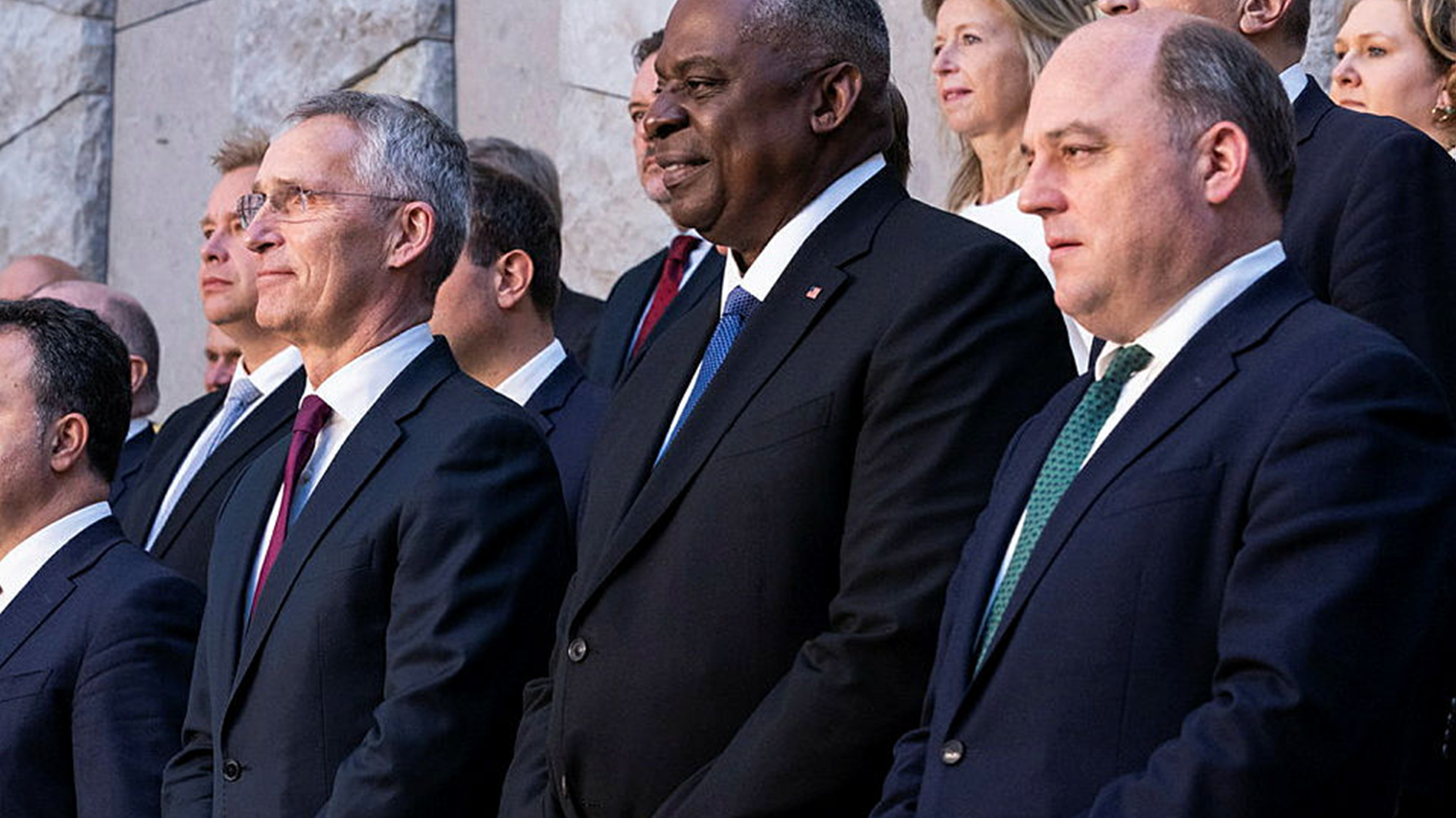 Ben Wallace stands for a family photograph with ofther Defence Ministers at the Meeting of NATO Ministers of Defence in Brussels, Belgium 160623 CREDIT MOD 