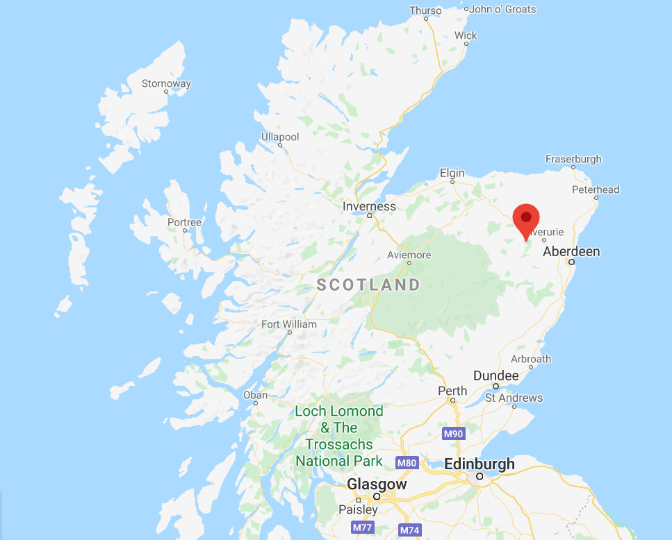 Bennachie shown on a Google map of Scotland