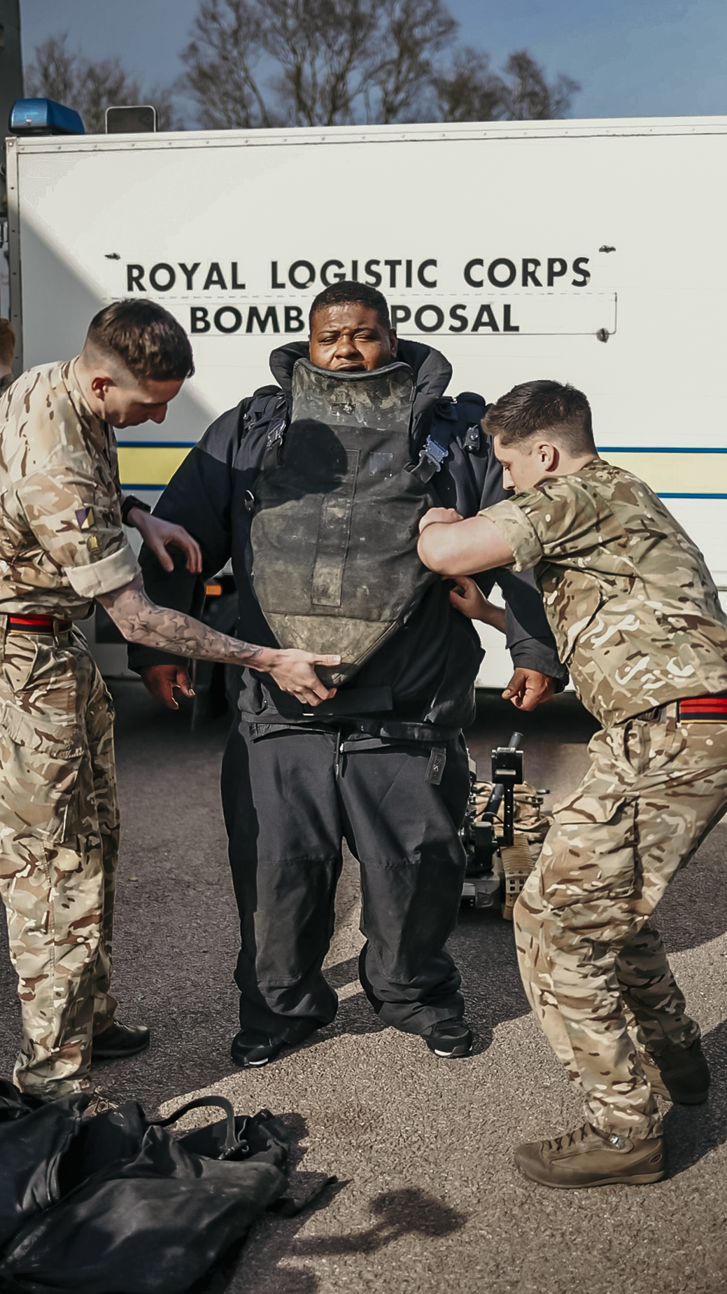 Big Narstie puts on an EOD suit in Colchester (Picture: British Army).