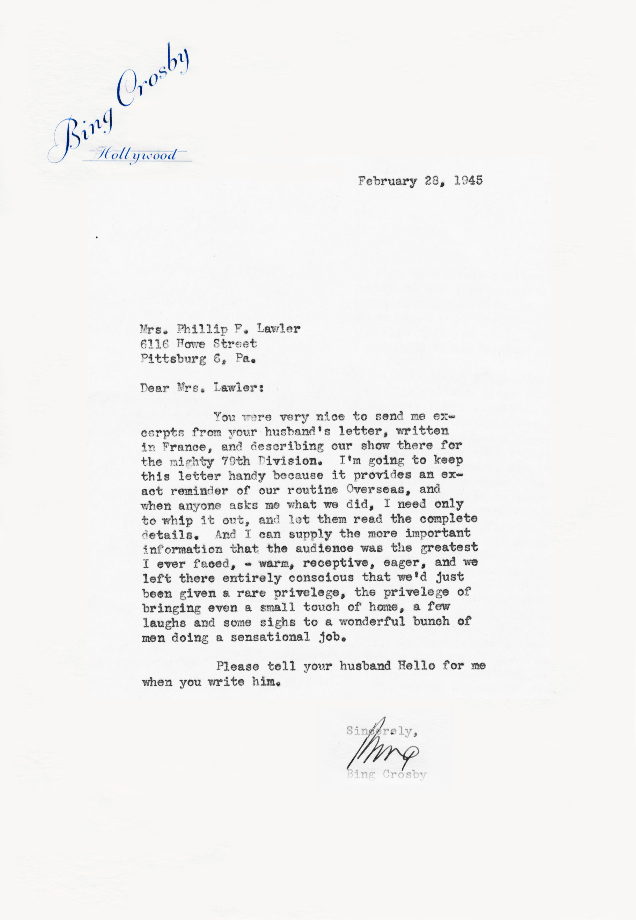 Bing - letter to Mrs. Philip K, Lawler. Photo Credit: PA.